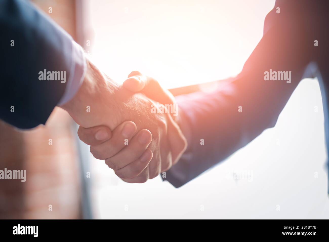 Le persone in viaggio d'affari scuotono le mani, finendo la riunione. Imprenditori di successo handshaking dopo buon affare. Foto Stock