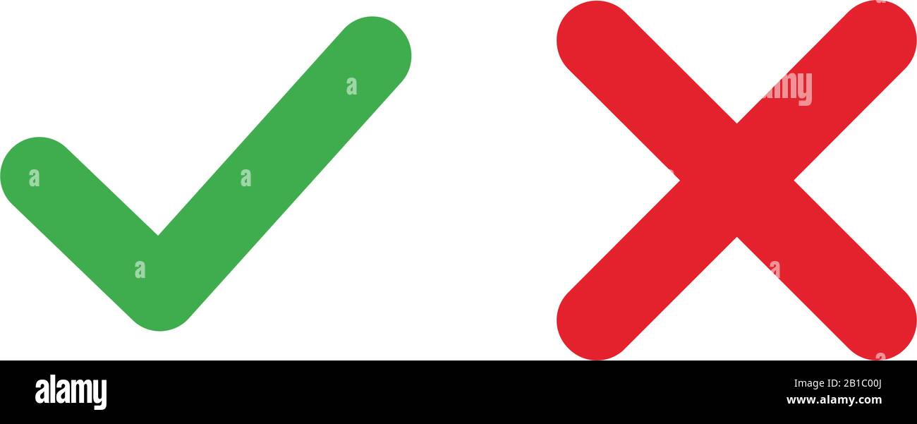 Selezionare e barrare le icone. Verde segno di spunta OK e rosso X icone,  cerchio simboli forma sì e NO pulsante per votare, decisione, web. Simboli  corretti e errati Immagine e Vettoriale -