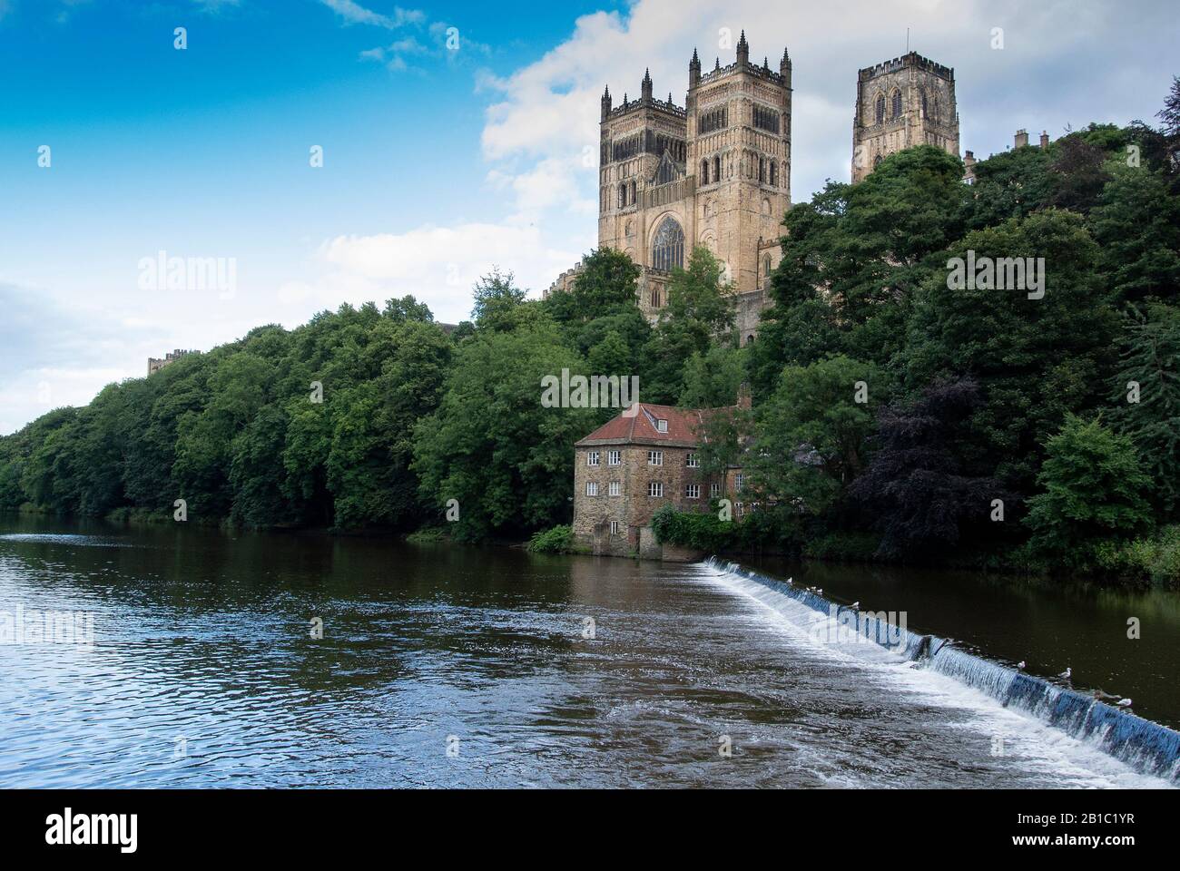 Weir sul fiume Indossare a Durham città con Durham Catherdral si affaccia. Co. Durham, Regno Unito. Foto Stock