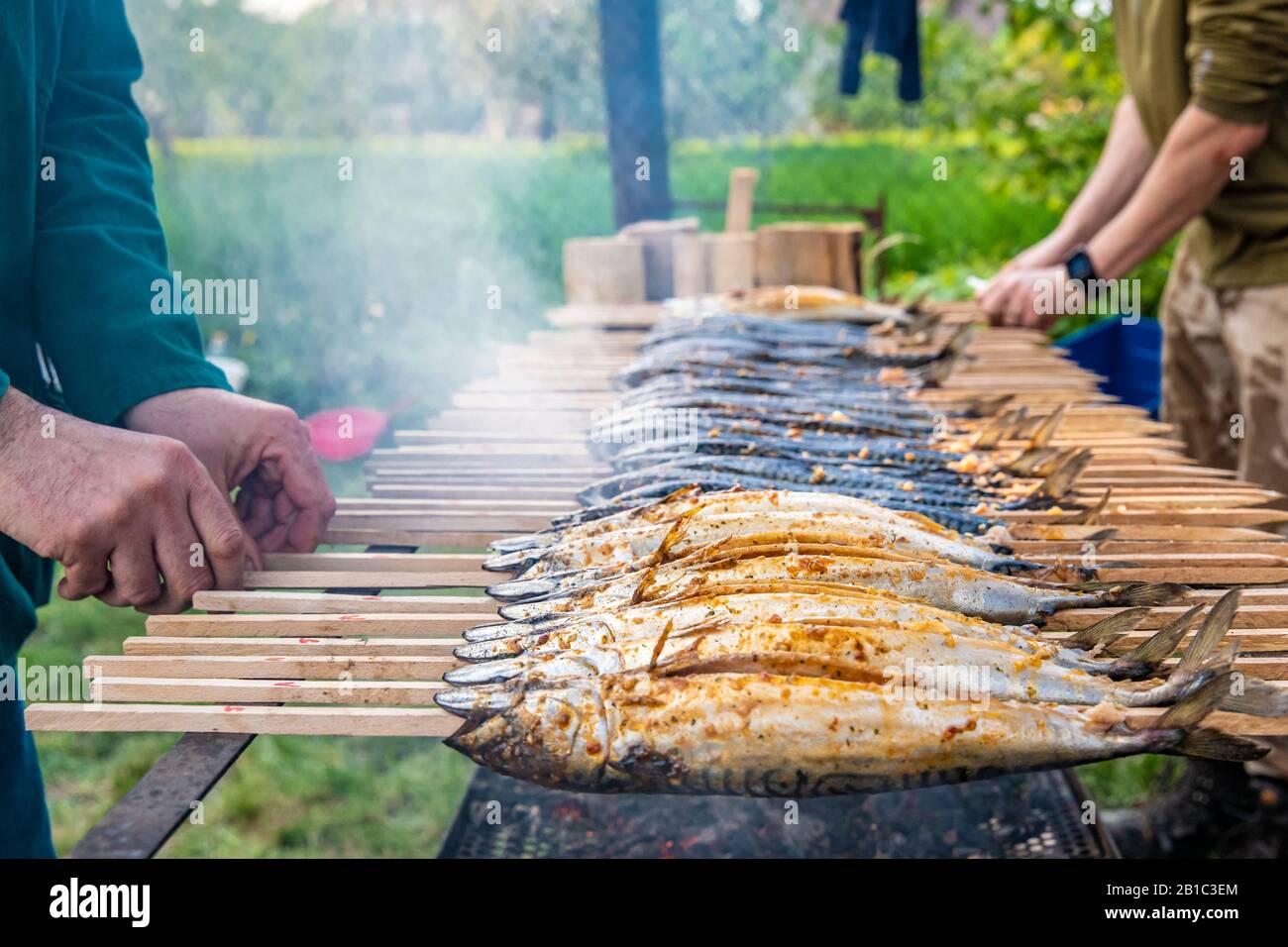 arrostire lo sgombro su una griglia di carbone durante un picnic all'aperto  nel parco. pesce come una prelibatezza da mangiare Foto stock - Alamy