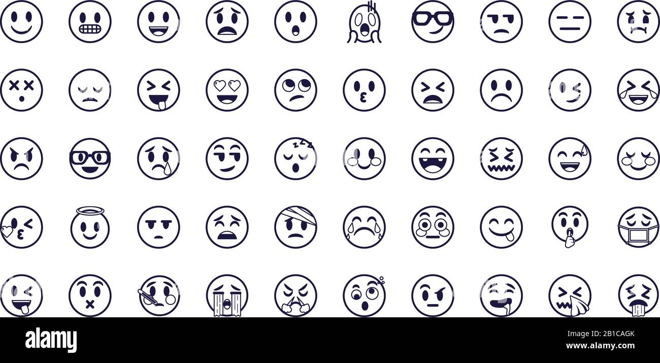 Emojis affronta il design piatto icona stile set, Cartoon Expression cute emoticon profilo personaggio giocattolo viso adorabile e sociale media tema Vector illustrazione Illustrazione Vettoriale