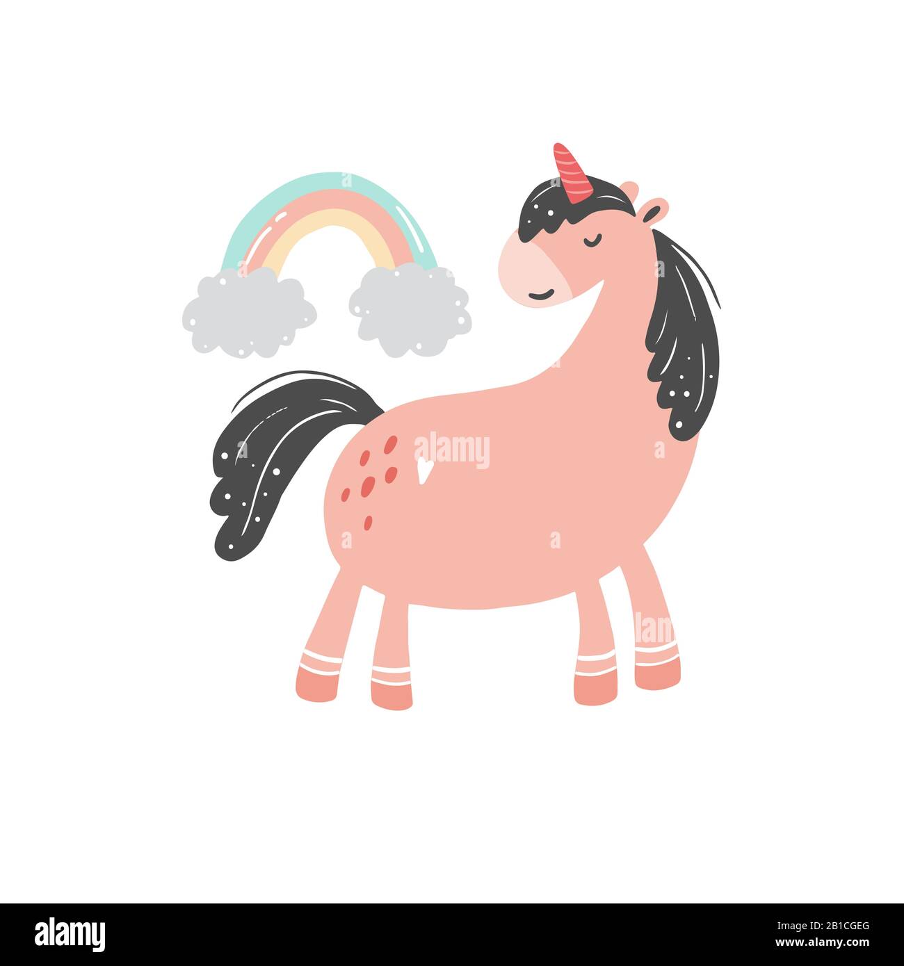 Unicorno di semplice stile di cartone animato alla moda con elementi. Unicorno di colore rosa per bambini e tessuti magici, borsa, t-shirt design. Illustrazione del vettore isolato. Illustrazione Vettoriale