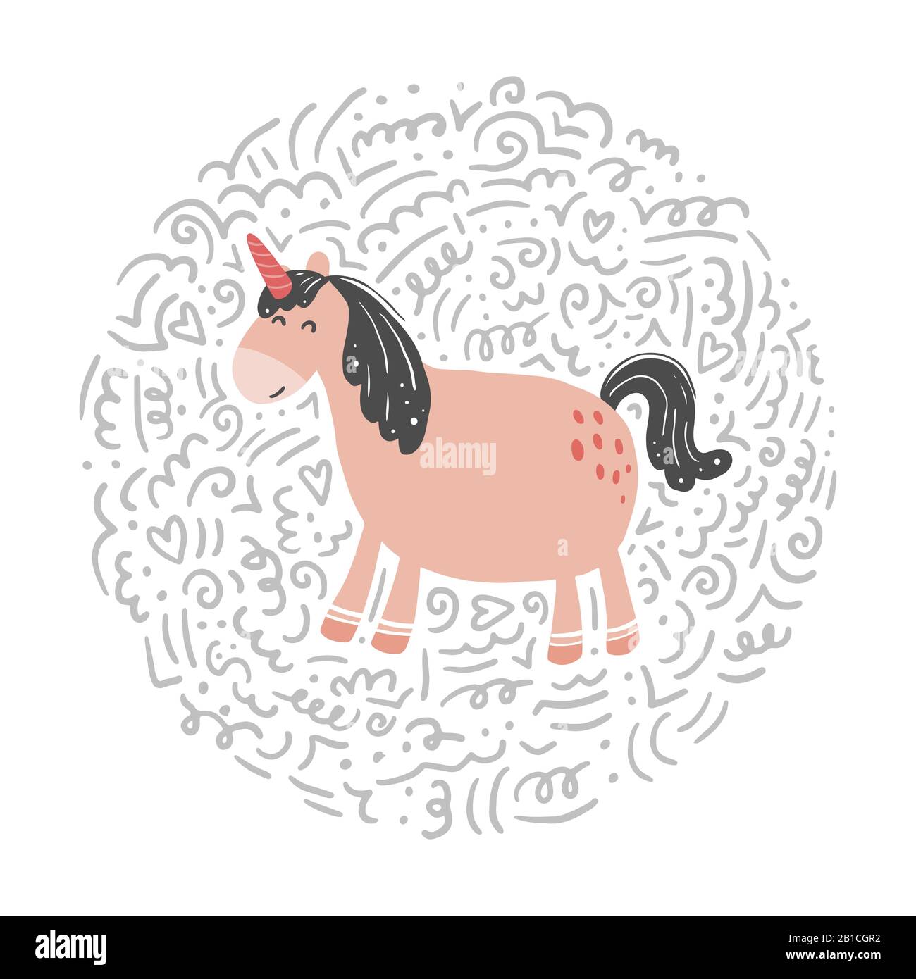 Unicorno di semplice stile di cartone animato alla moda con elementi. Unicorno di colore rosa per bambini e tessuti magici, borsa, t-shirt design. Illustrazione del vettore isolato. Illustrazione Vettoriale