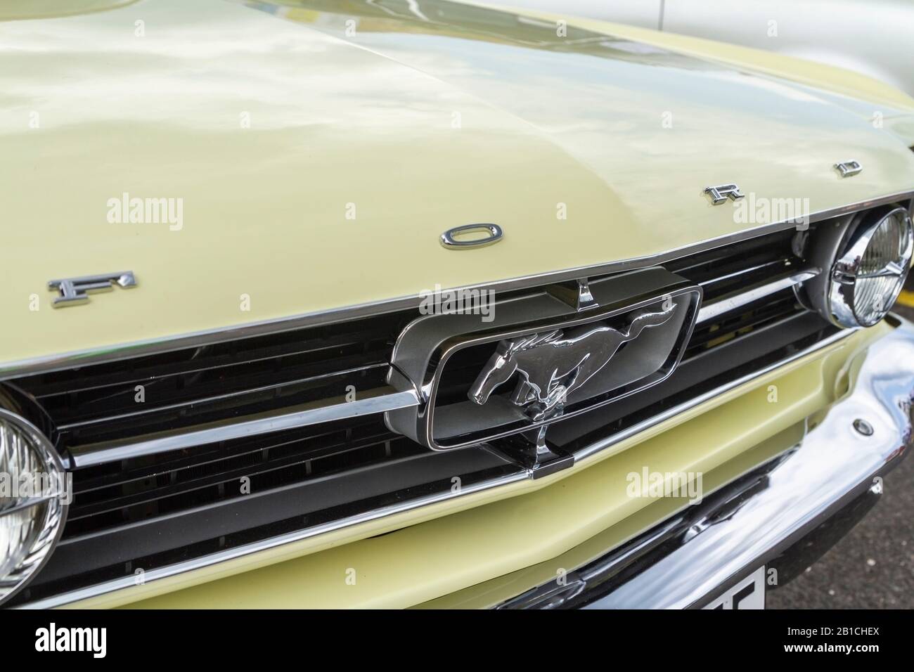Bilgoraj / Polonia - 17 giugno 2018: Logo simbolo di un vecchio timer Ford Mustang. Foto Stock Bilgoraj / Polonia - 17 giugno 2018: Logo simbolo di un vecchio timer Ford Mustang. Foto Stock