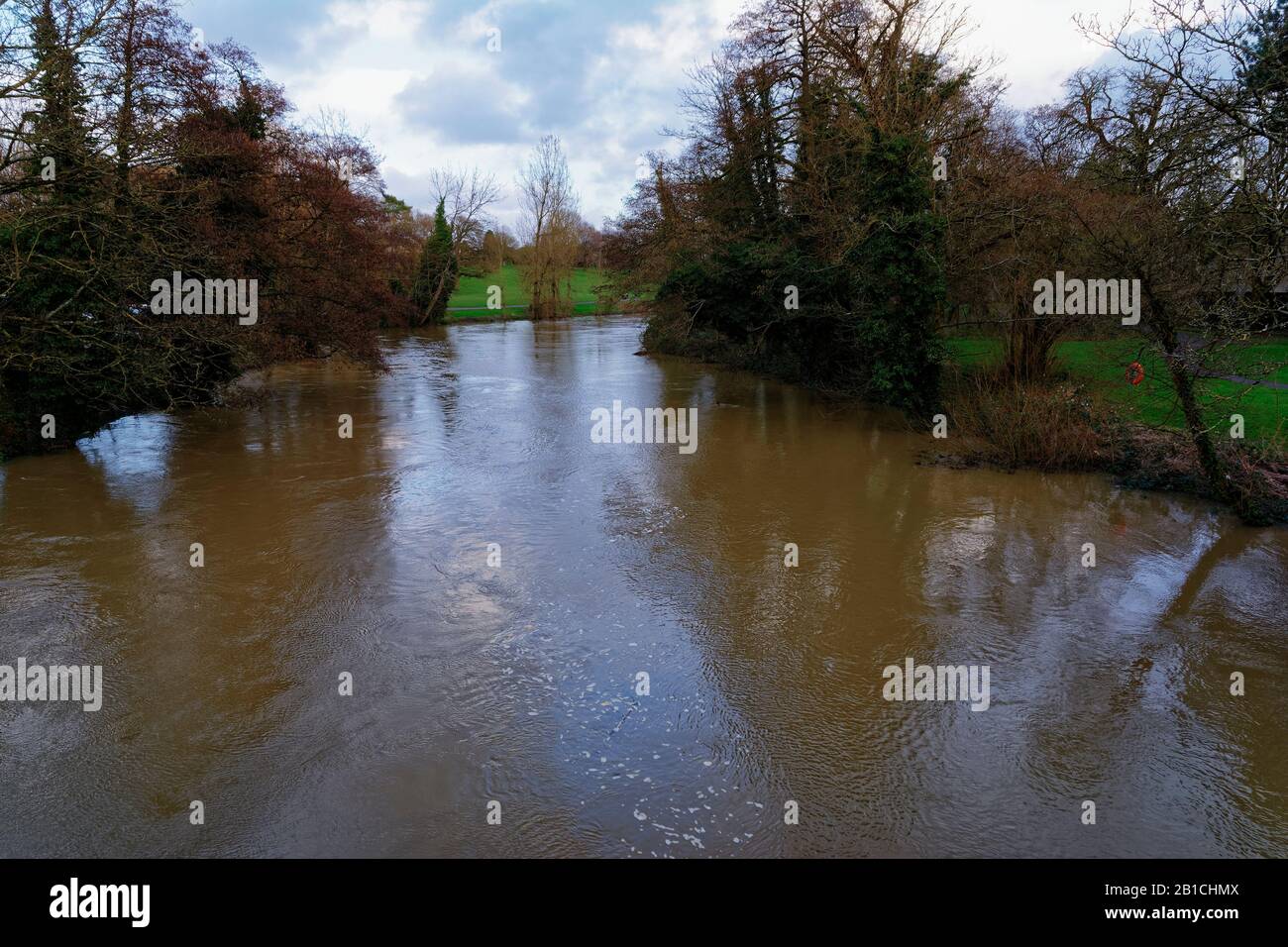 Alti livelli d'acqua nel fiume Avon al Monkton Park, Chippenham, Wiltshire, Regno Unito Foto Stock