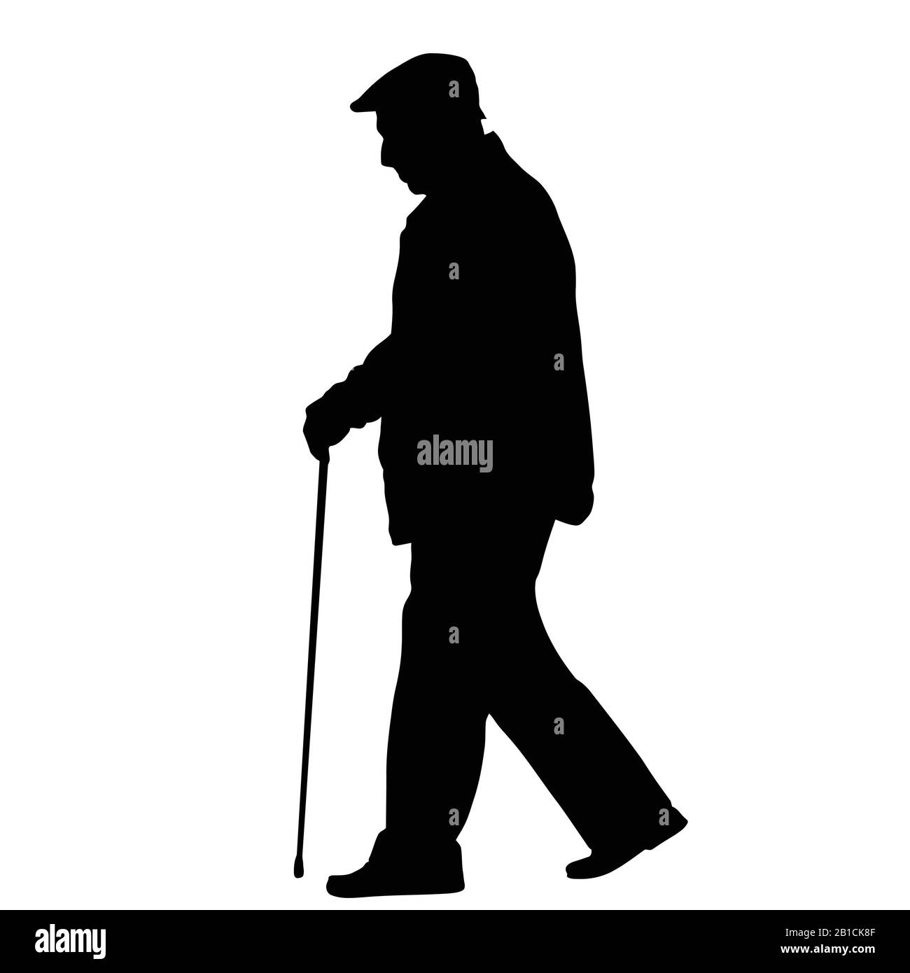 Il vecchio uomo silhouette con stick su sfondo bianco, illustrazione vettoriale Illustrazione Vettoriale