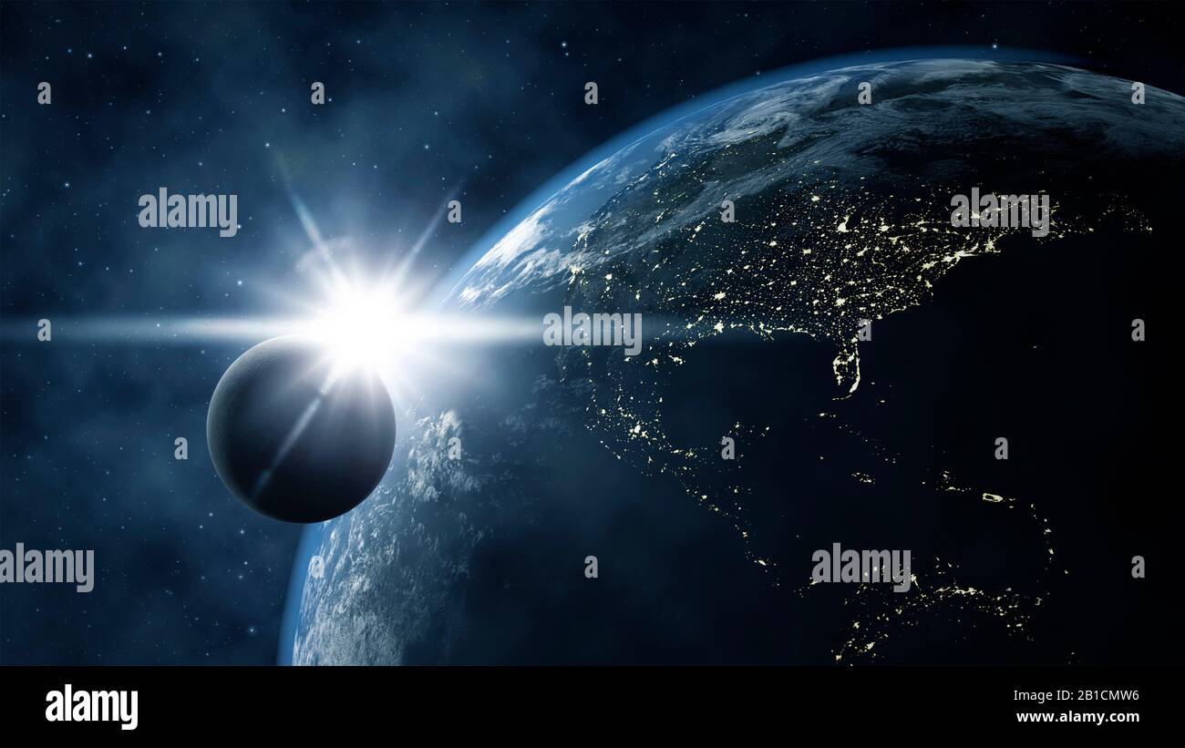 Grafica del computer 3D, vista della terra con le Americhe di notte dallo spazio Foto Stock