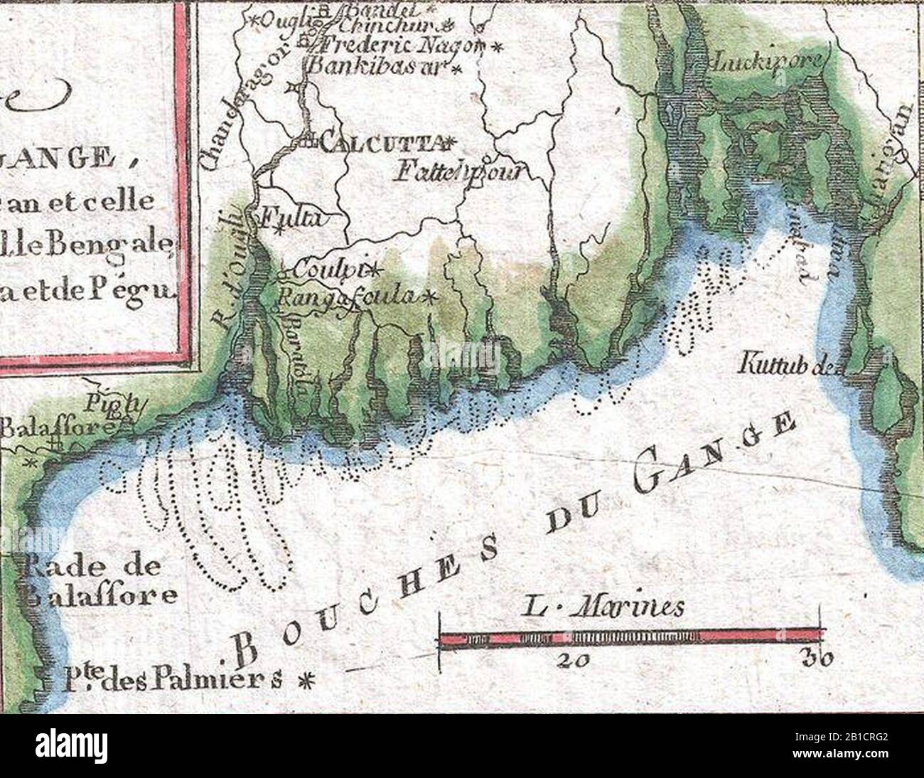 Ganges Delta- ‘bouches du Gange‘ o bocche del Gange 1780 Raynal e Bonne Mappa del Nord India - Geographicus - IndeSuperieure-bonne-1780 (tagliato). Foto Stock