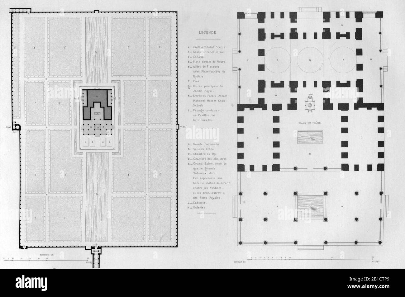 Giardino e padiglione Chehel Sotoun, mappa di Pascal Coste. Foto Stock