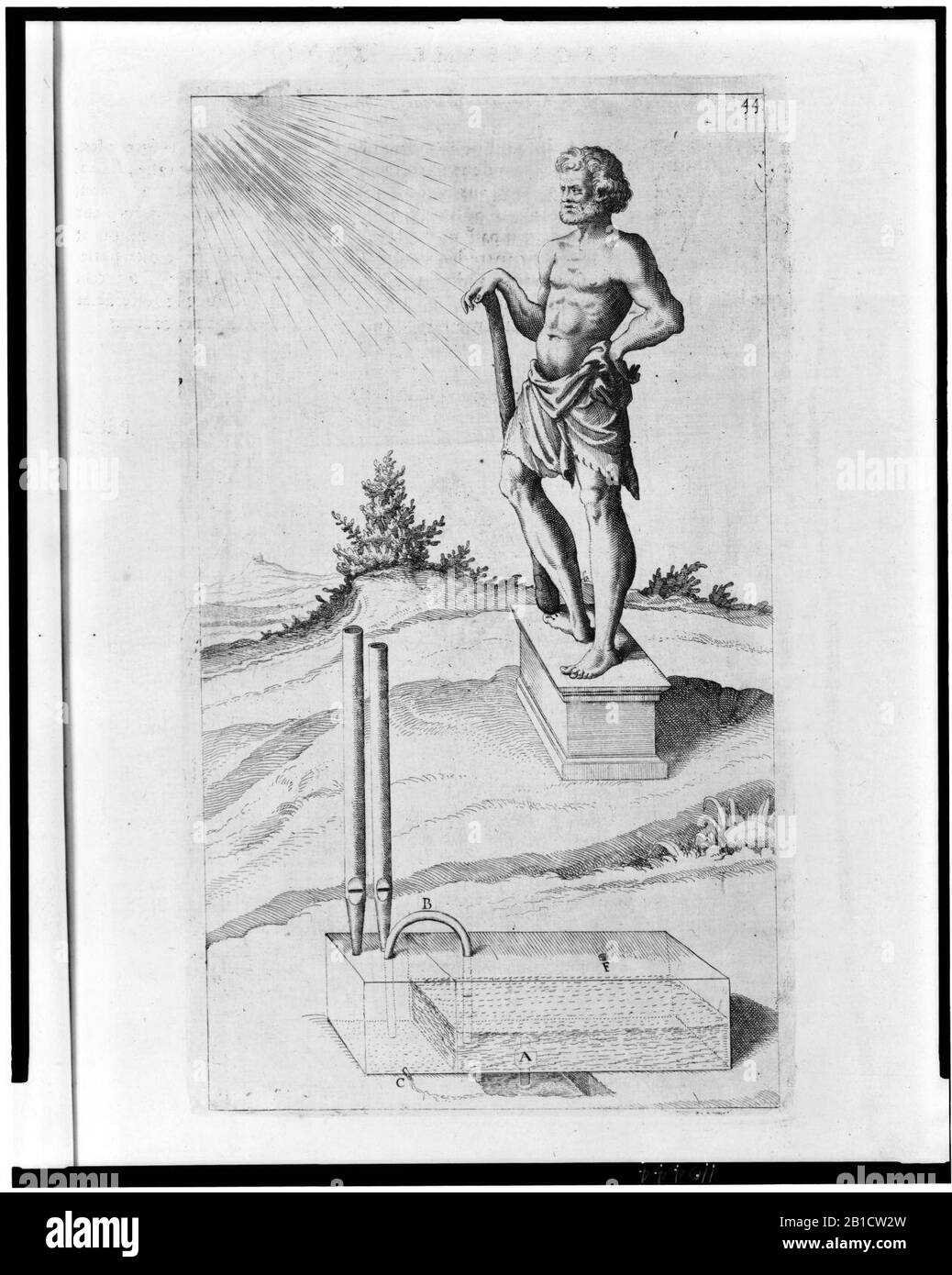Il monumento del giardino quando riscaldato dal sole porta l'acqua ad un bollore che genera vapore che causa il suono a emettere da tubi come un organo; mostra la statua, possibilmente di Eroe di Alessandria Foto Stock
