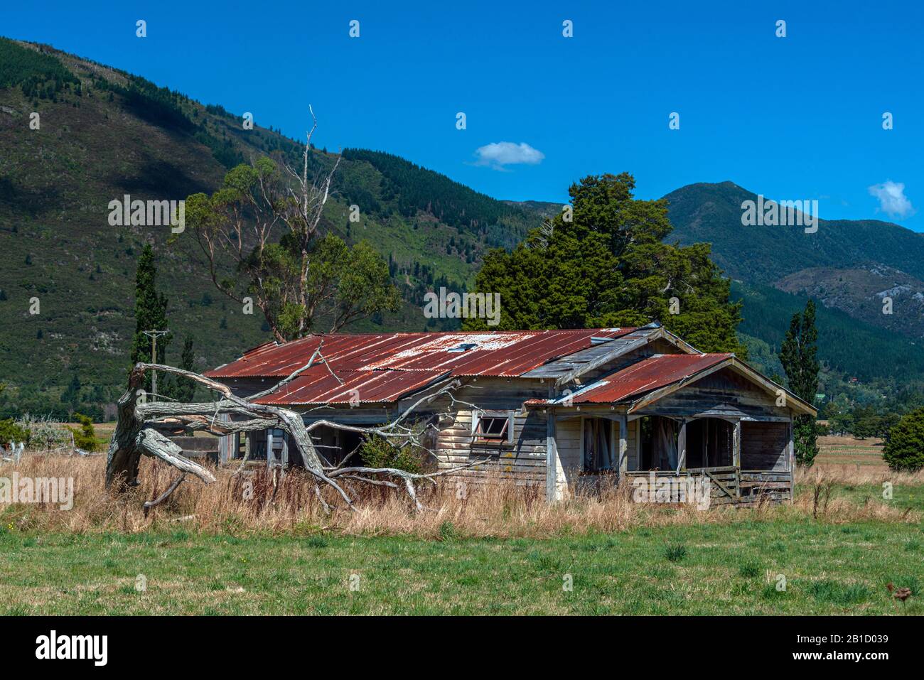 Abbandonata la casa dei primi del 1900 vicino a Takaka, nella regione di Marlborough della South Island della Nuova Zelanda. Foto Stock