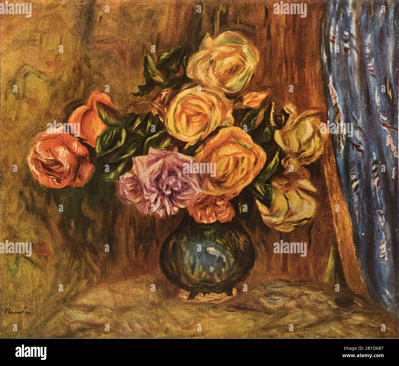 Rose di fronte a una cortina blu (1908) - Pittura inizio 20th Secolo di Pierre-Auguste Renoir - immagine Ad Altissima risoluzione e di qualità Foto Stock