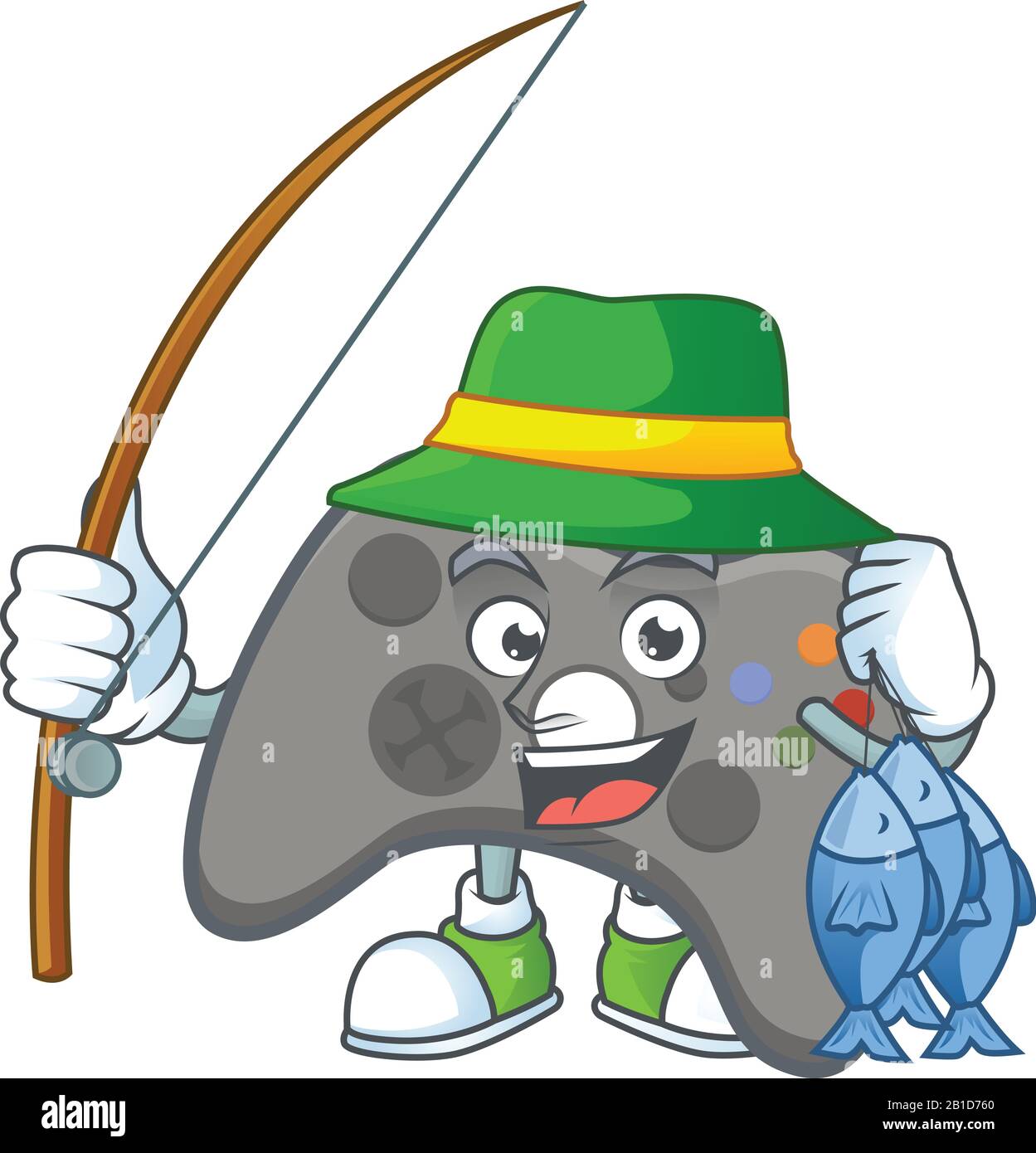 Un disegno mascotte di pesca joystick nero con 3 pesci Illustrazione Vettoriale