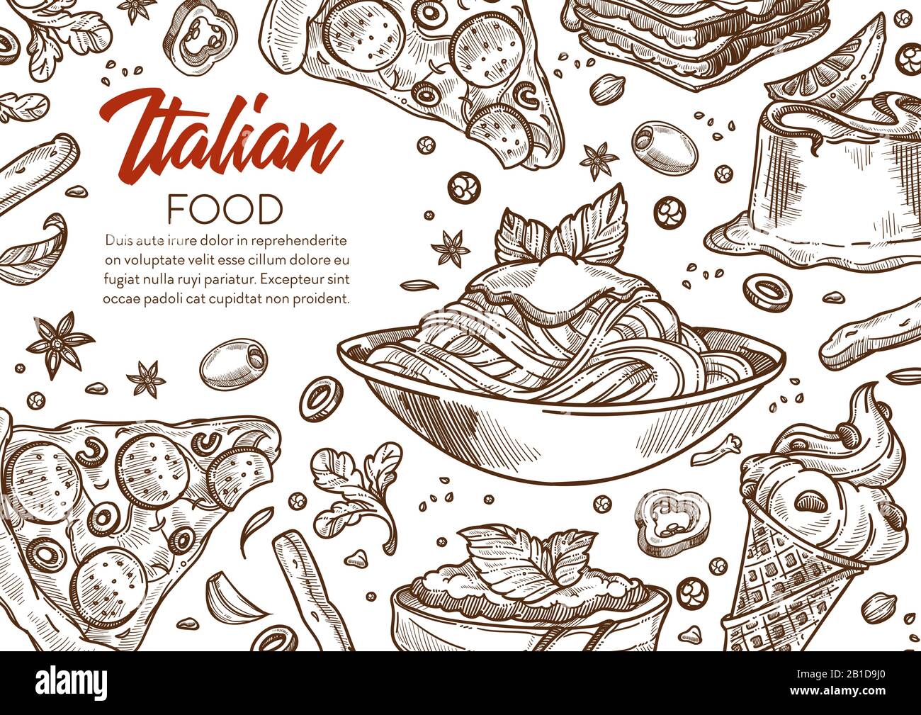 Modello di banner di cucina italiana con piatti tradizionali schizzi disegnati a mano Illustrazione Vettoriale