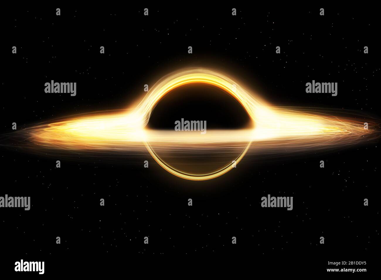 Buco nero e un disco di plasma incandescente. Singolarità supermassiccia nello spazio esterno, fine dell'evoluzione delle stelle supermassicce, o nucleo di una galassia. Foto Stock