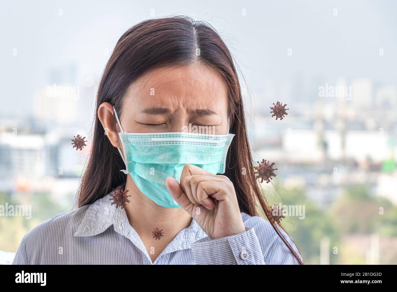 La gente asiatica si sente ammalata dal virus dell'influenza, tossendo, indossando la maschera di igiene per impedire per proteggere dalla situazione di scoppio di Coronavirus 2019 infettare Foto Stock