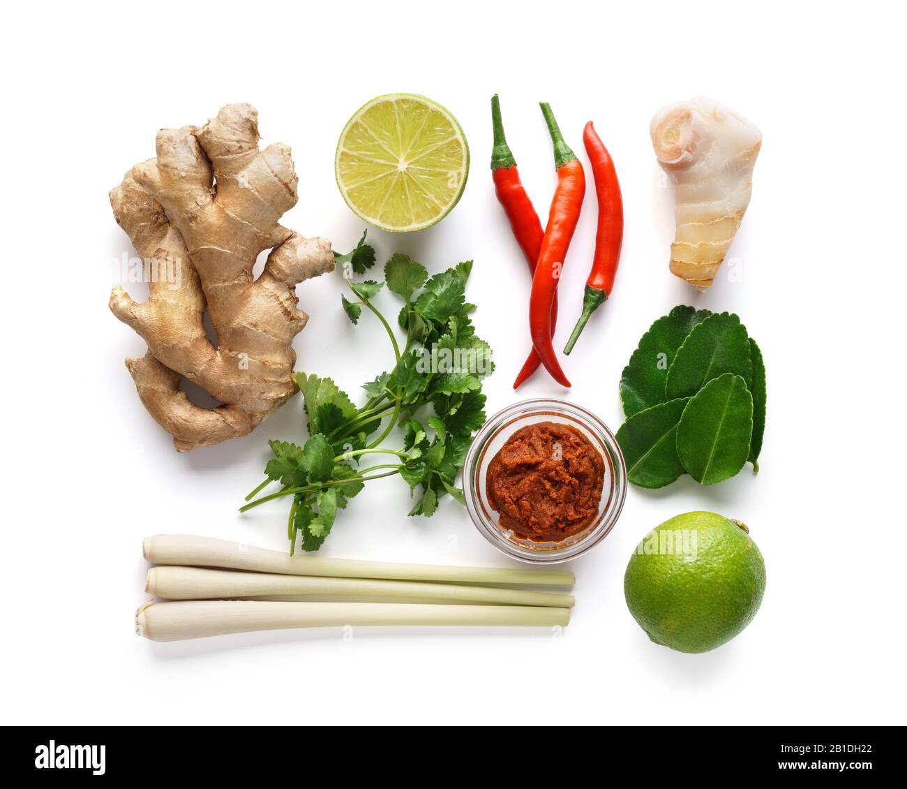 Set di ingredienti base della minestra di Tom Yum - erba di limone, peperoncino, radice di galanga, zenzero, pasta di Tom Yam e foglie di lime di kaffir. Isolato su bianco. Foto Stock