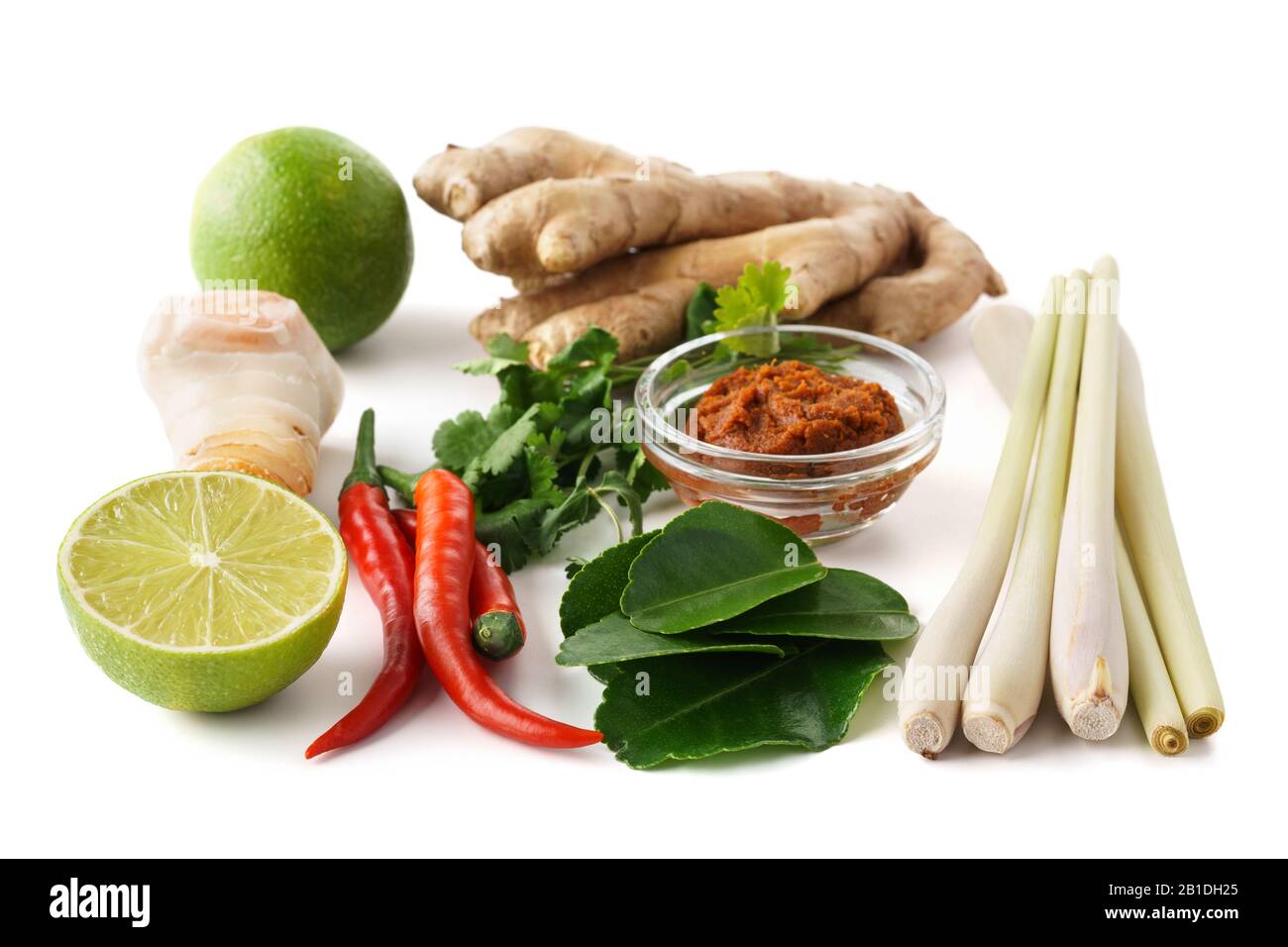 Set di ingredienti base per la minestra di Tom Yum: Pasta di Tom Yum, erba di limone, peperoncino, radice di galanga, zenzero e foglie di lime di kaffir. Isolato su bac bianco Foto Stock