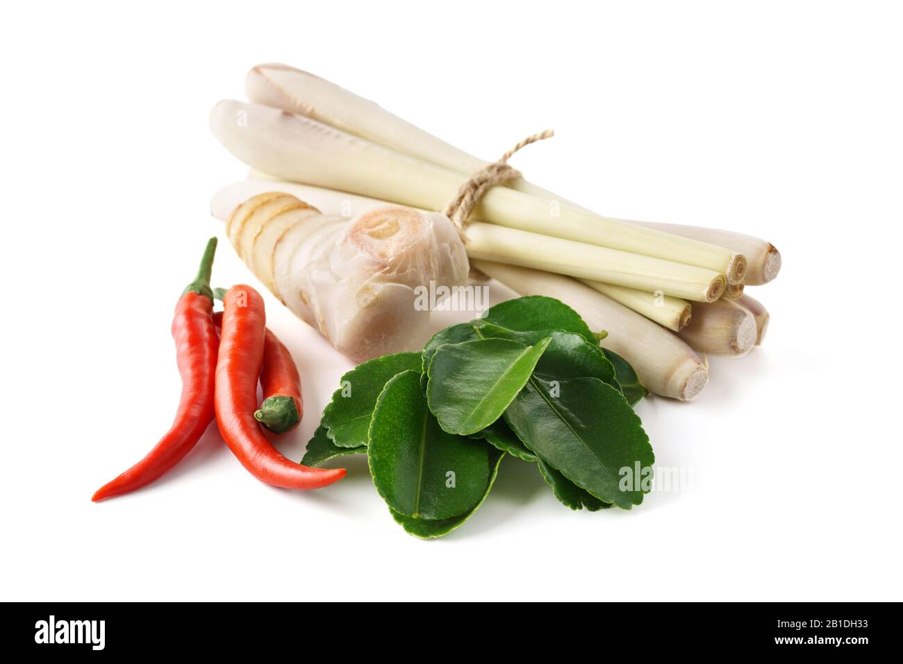 Set di ingredienti principali della minestra di Tom Yum - erba di limone, peperoncino, radice di galanga o foglie di lime di kaffir e di galangal. Isolato su sfondo bianco. Foto Stock