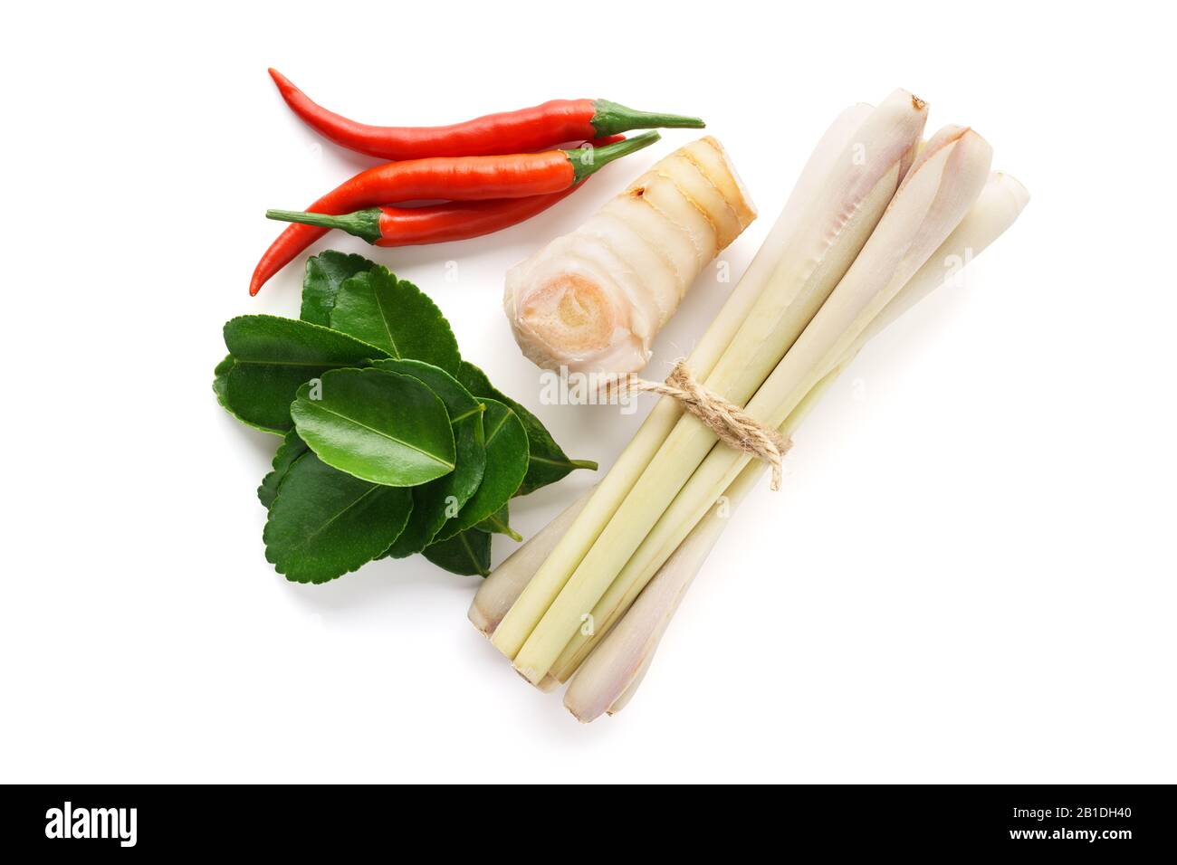 Set di ingredienti principali della minestra di Tom Yum - erba di limone, peperoncino, radice di galanga o foglie di lime di kaffir e di galangal. Isolato su sfondo bianco. Foto Stock