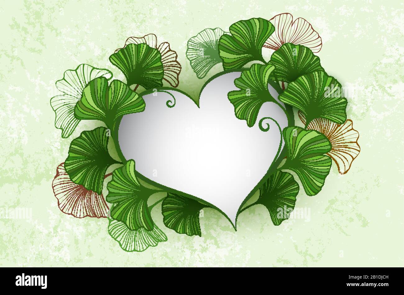 Banner a forma di cuore, decorato con foglie verdi stilizzate di ginko biloba su sfondo verde testurizzato. Illustrazione Vettoriale