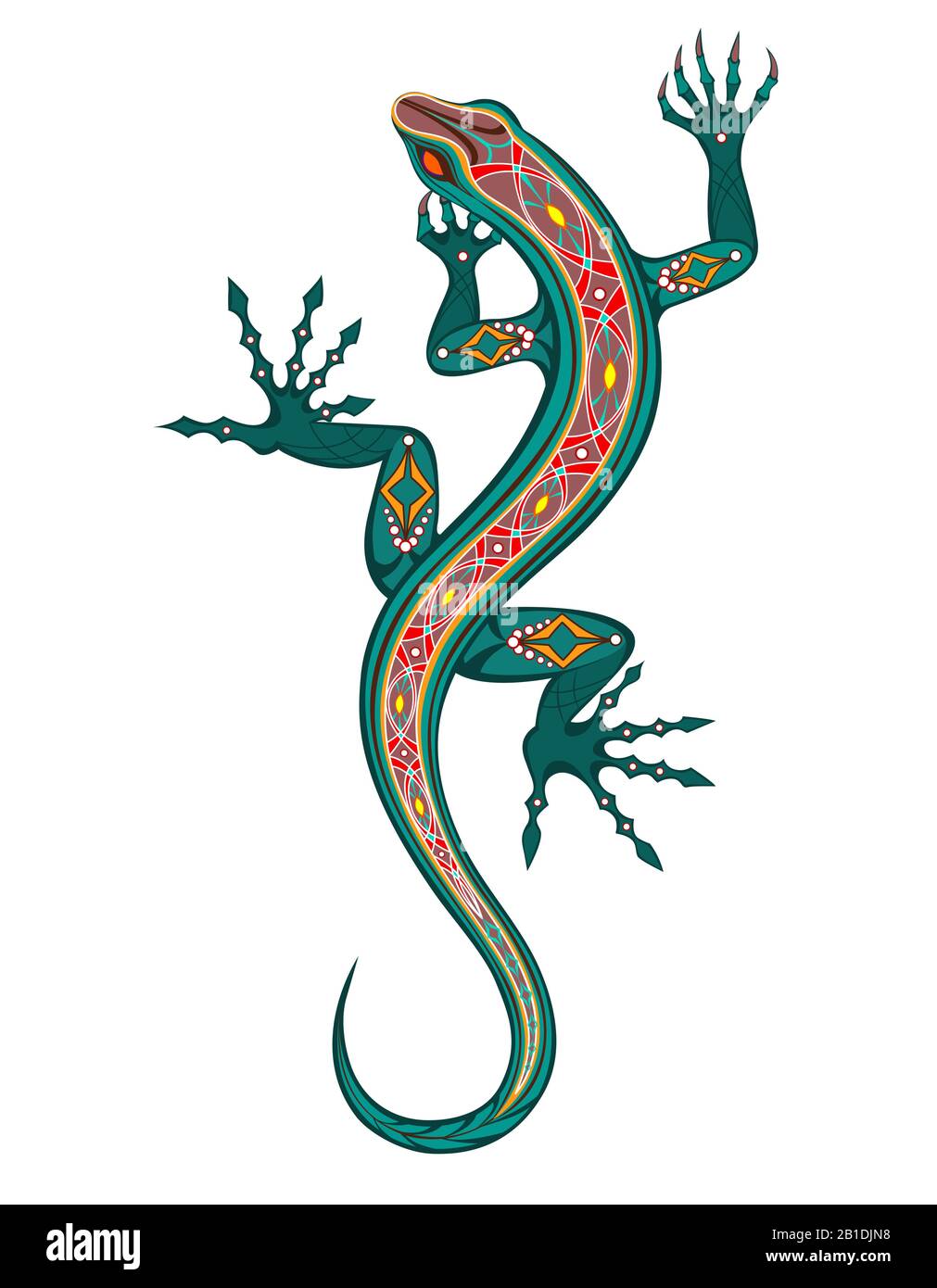 Motivi geometrici, artistici, esotici, luminosi lizard, dipinti in verde e rosso su sfondo bianco. Stile tatuaggio. Illustrazione Vettoriale