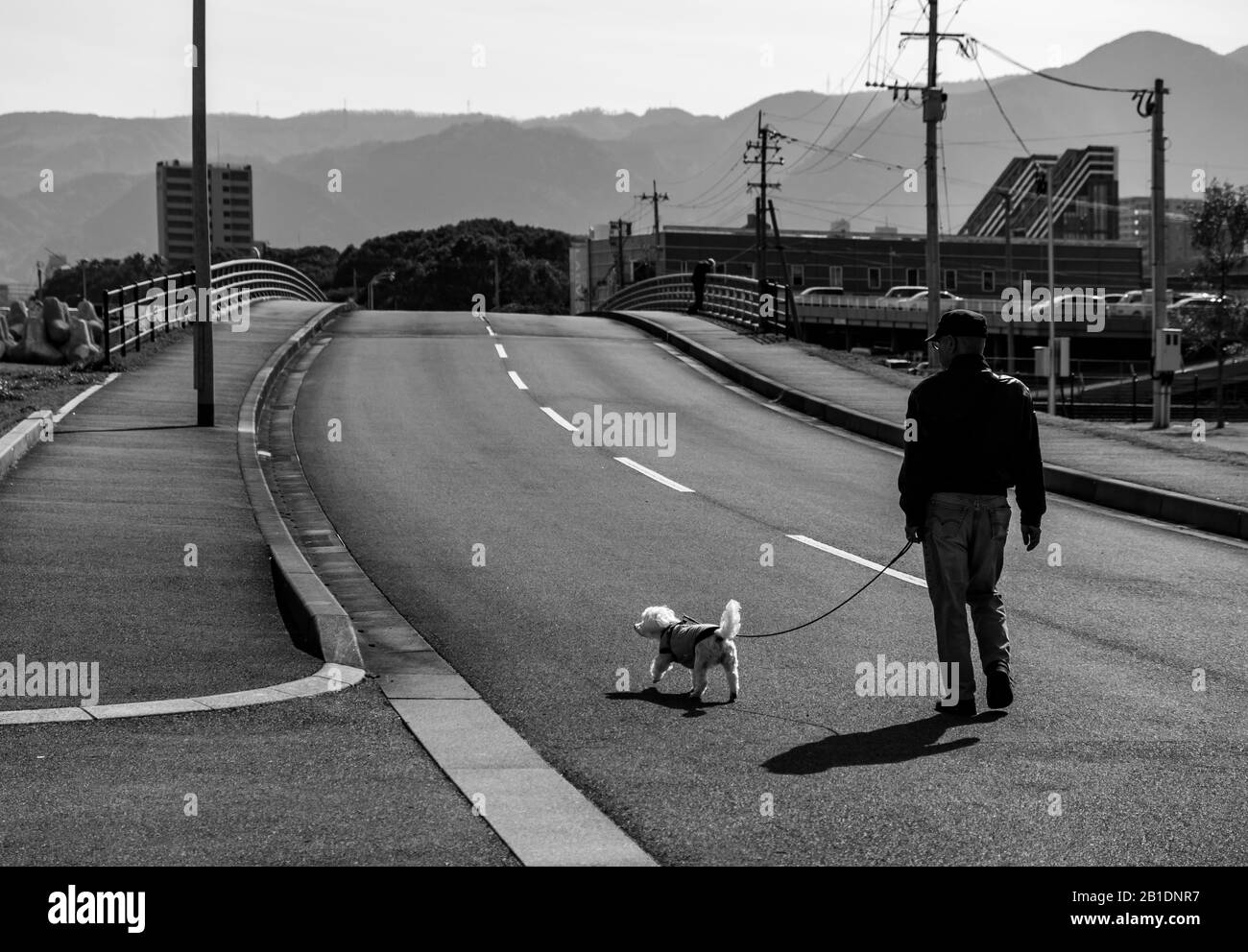 Un uomo cieco con il suo cane in una giornata di sole sulla costa di Beppu Foto Stock