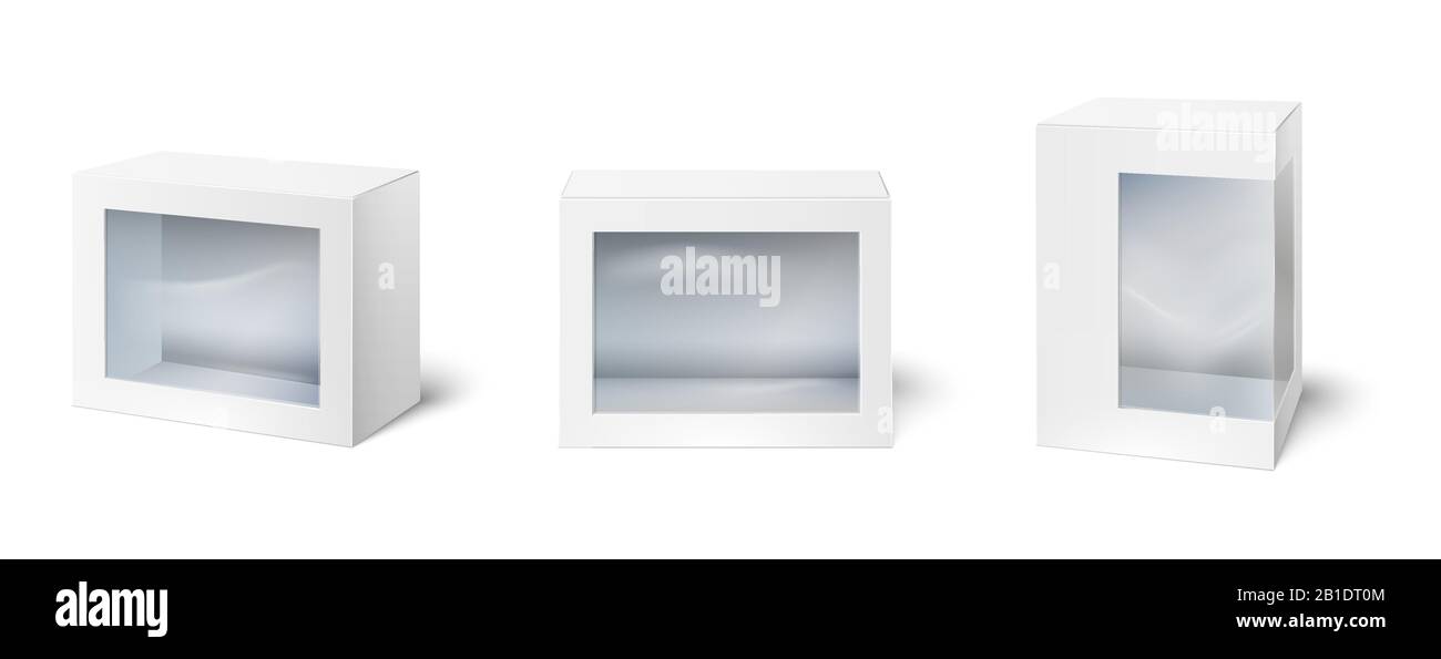 Scatola con finestra. Vetrina scatole di imballaggio, finestre su cartone e contenitori bianchi vuoti mockup 3d isolato vettore set Illustrazione Vettoriale