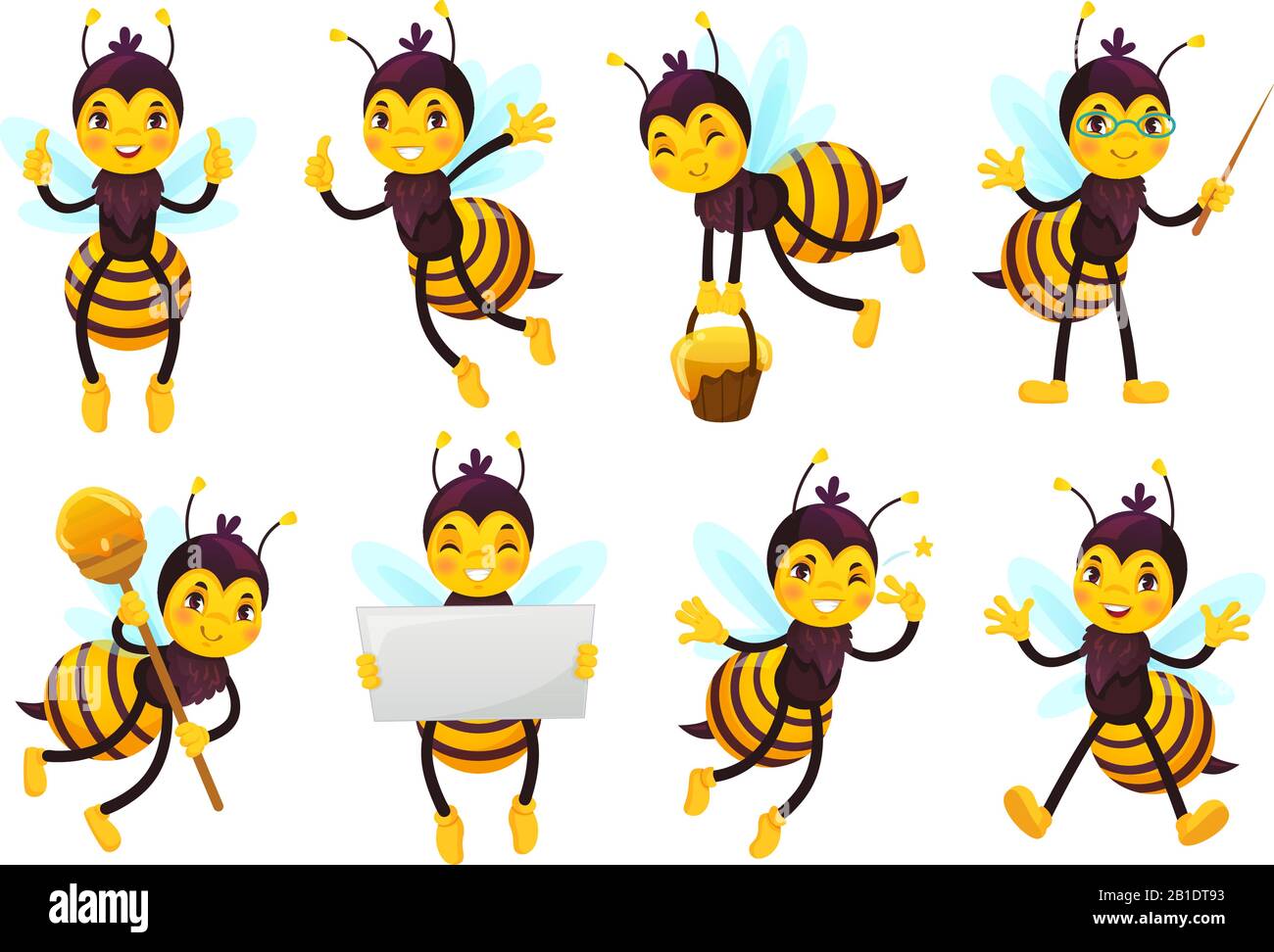 Mascotte di ape del cartone animato. Cute honeybee, le api volanti e felice divertente giallo ape carattere mascotte vettore illustrazione set Illustrazione Vettoriale