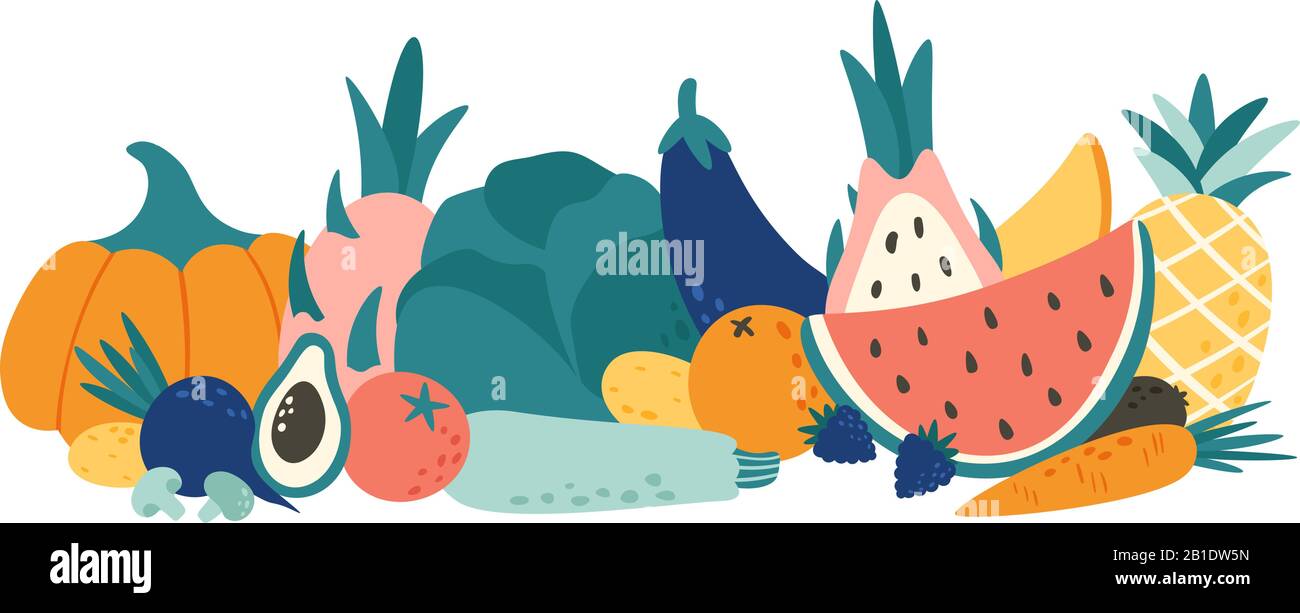 Cartone animato cibo organico. Ortaggi e frutta, frutta naturale e prodotti vegetali illustrazione vettoriale Illustrazione Vettoriale