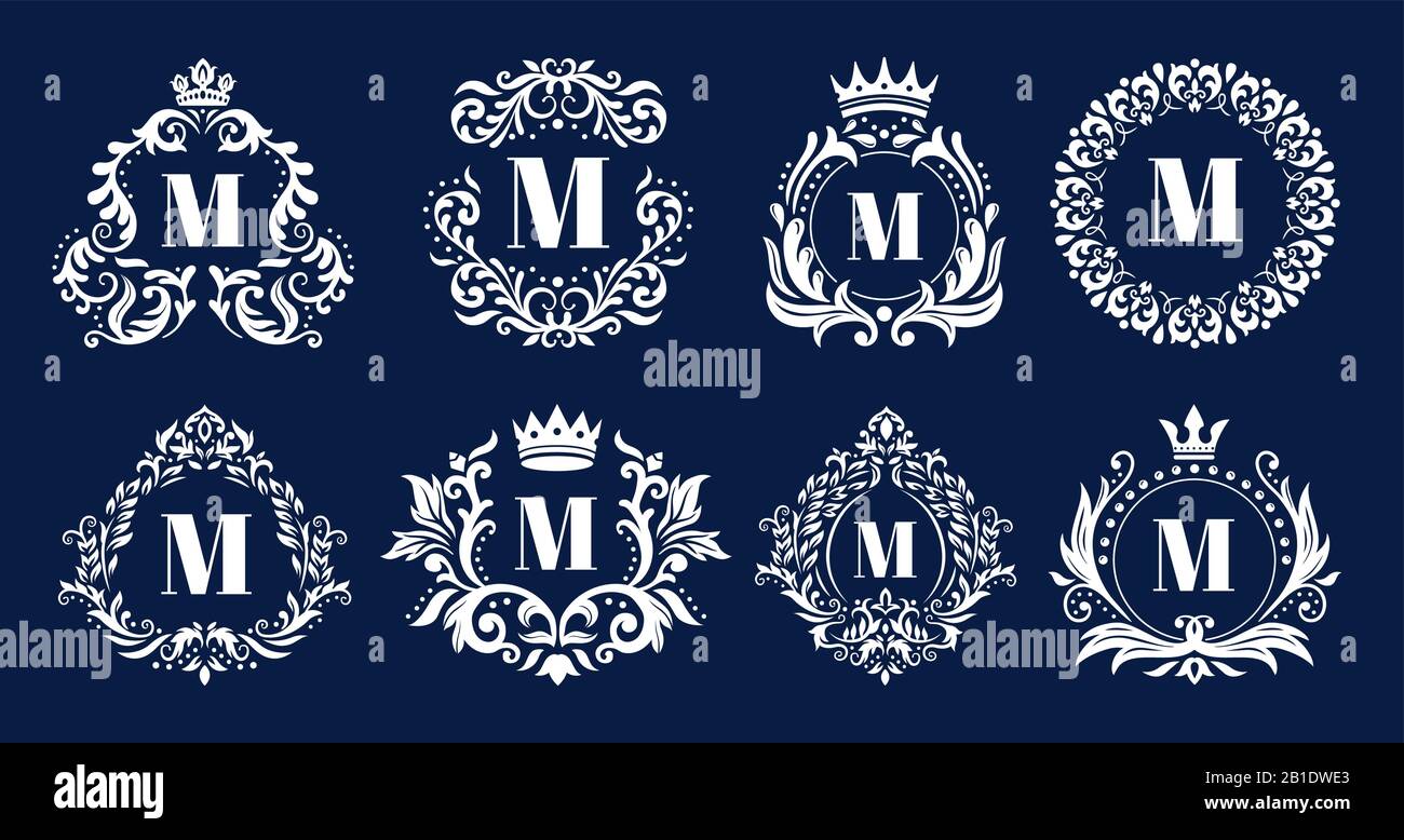 Telaio monogramma di lusso. Monogrammi ornamentali, sigle araldiche ornamento logo e lettere eleganti cornice di bordo vettore illustrazione set Illustrazione Vettoriale