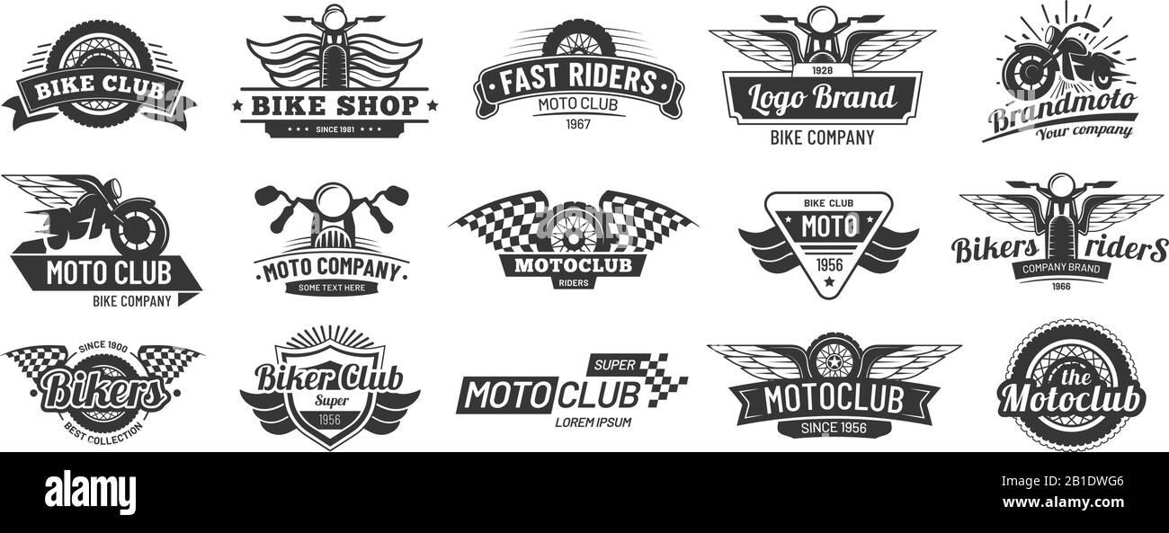 Emblemi biker club. Set vettore badge per motociclisti retrò, emblema per moto sportivo e silhouette per moto Illustrazione Vettoriale