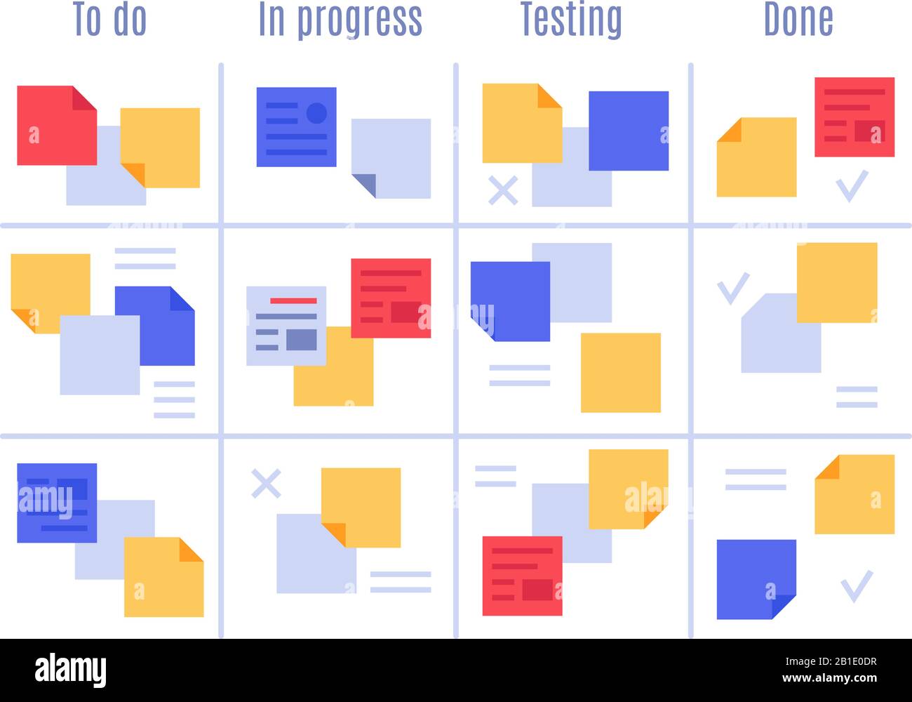 Scheda di gestione visiva Scrum. Attività di ufficio Kanban, note adesive per il processo di progetto e illustrazioni vettoriali per note di pianificazione Illustrazione Vettoriale