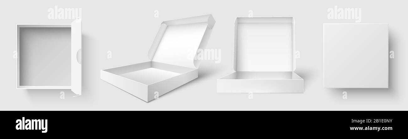 Confezionamento pizza. Cassetta per pizze con tappo aperto, confezioni vuote e confezioni per la consegna mockup 3d set di illustrazioni vettoriali isolate Illustrazione Vettoriale
