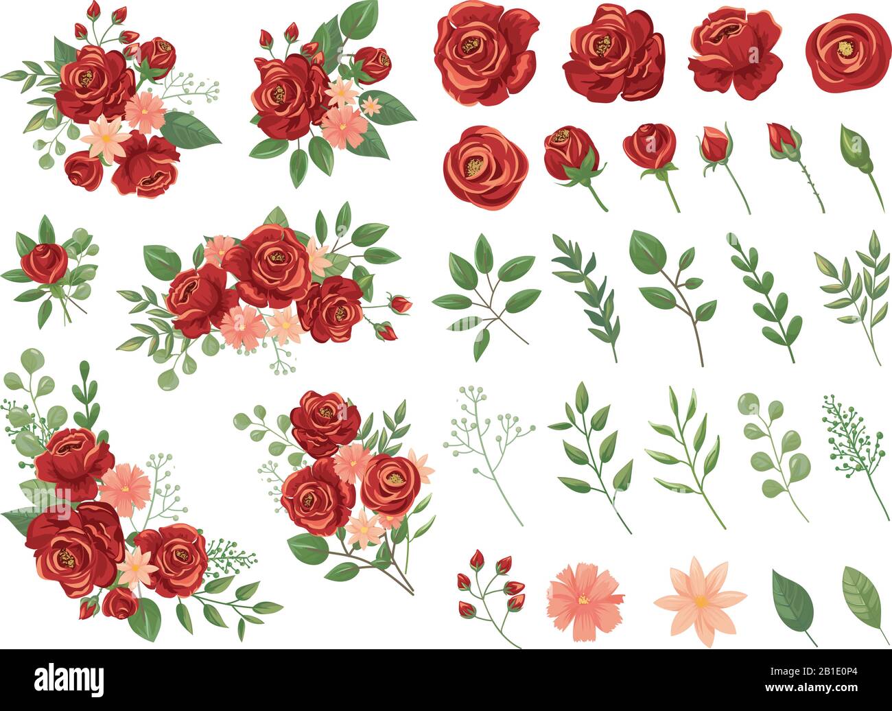 Bouquet floreale rosso. Borgogna rosa fiore, bouquet vintage rose e fiori primavera vettore illustrazione set Illustrazione Vettoriale