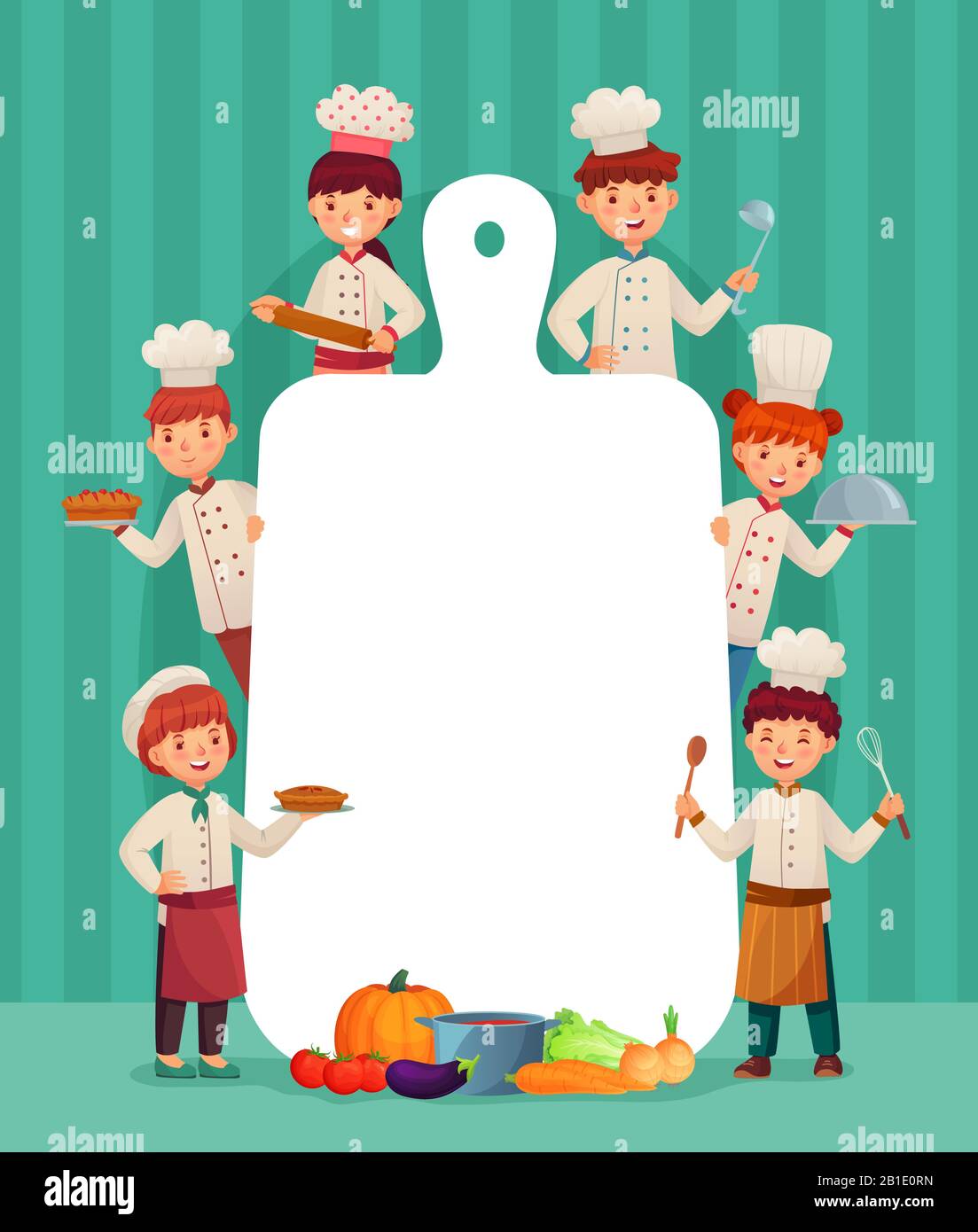 Menu per bambini. I bambini chef cucinano con tagliere a tavola, chef del ristorante e tagliere cibo cartone animato vettore illustrazione Illustrazione Vettoriale
