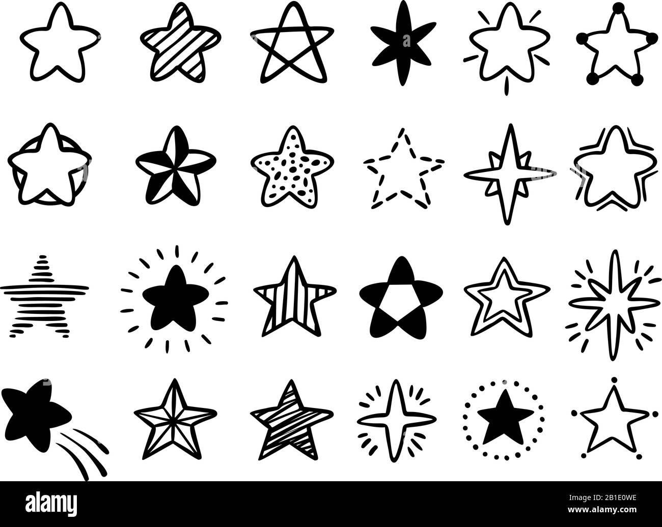 Stelle disegnate a mano. Set di illustrazioni vettoriali isolate con icona a stella, schizzo stellato e icona a stella preferiti Illustrazione Vettoriale