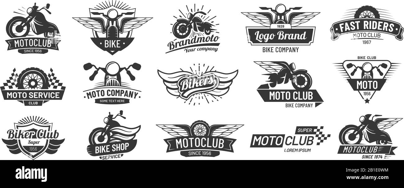 Badge per motociclette. Emblemi club motociclisti, riparazione personalizzata moto e badge ali ruote. Set vettore fregio motore moto retro Illustrazione Vettoriale