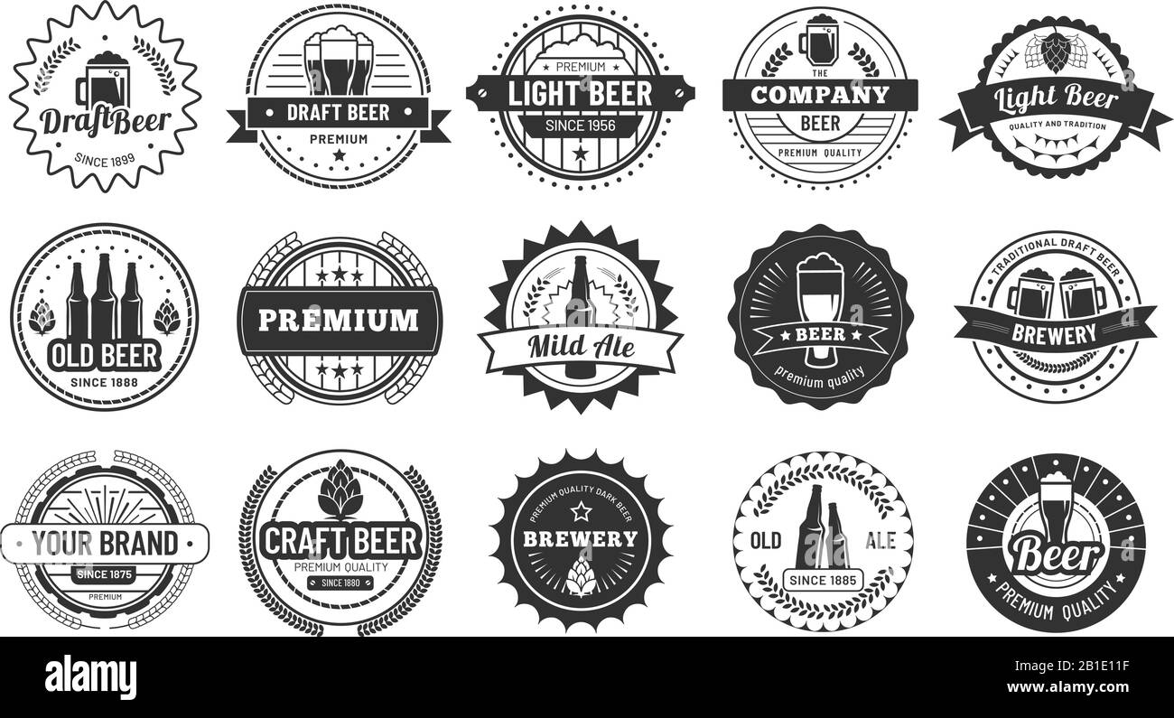 Distintivi della birra. Pub Beers, lager bottle e hipster birra artigianale badge isolato vettore illustrazione set Illustrazione Vettoriale
