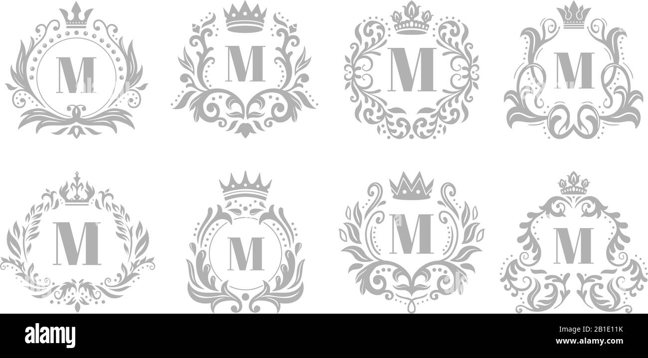 Emblema monogramma vintage. Lussuoso logo in argento decorato, monogrammi araldici e vecchi emblemi della corona reale del re set di illustrazioni vettoriali Illustrazione Vettoriale