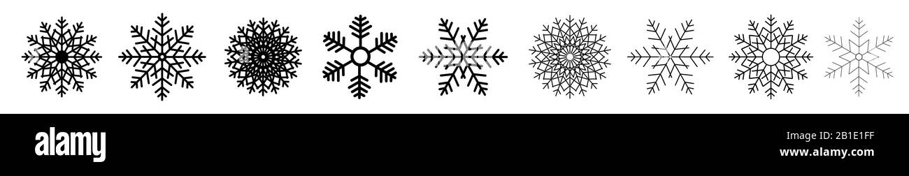 Set invernale di fiocchi di neve neri isolati su sfondo bianco. Icone di fiocco di neve. Collezione di fiocchi di neve per il design Natale e Capodanno banner e carte Illustrazione Vettoriale