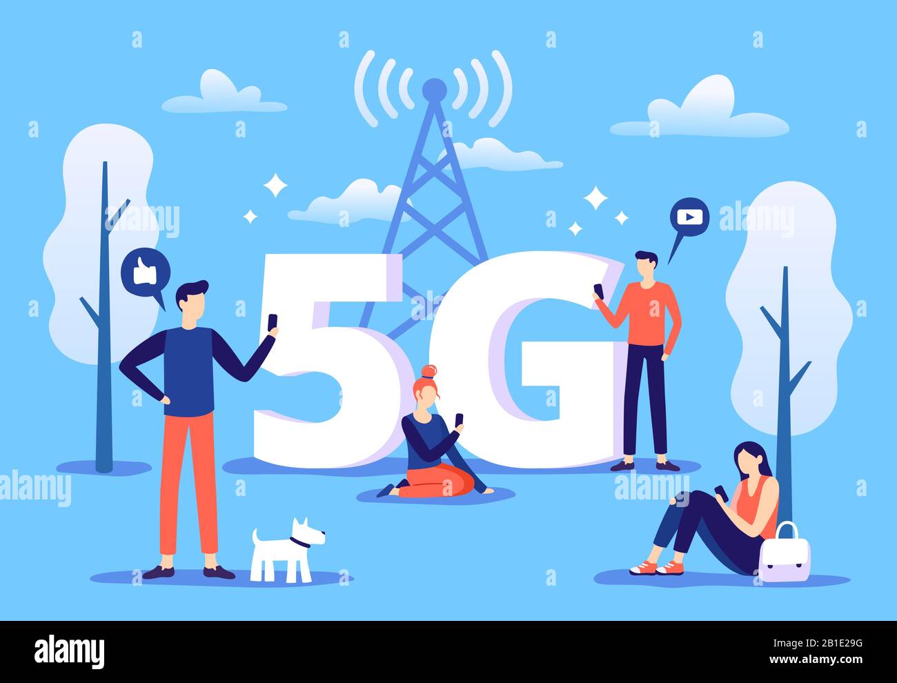 Connessione 5g mobile. Le persone con smartphone utilizzano Internet ad alta velocità, rete di quinta generazione e area di copertura Illustrazione Vettoriale