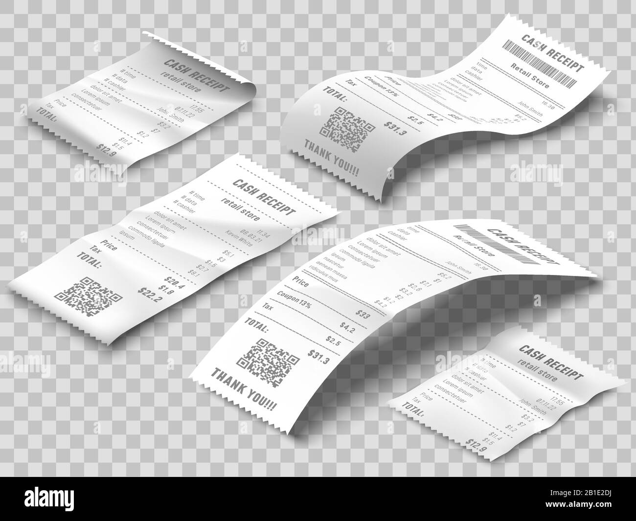 Fattura delle ricevute isometriche. Ricevuta di fatturazione stampata, fatture di pagamento e assegno bancario finanziario stampa realistico 3d vettore insieme isolato Illustrazione Vettoriale