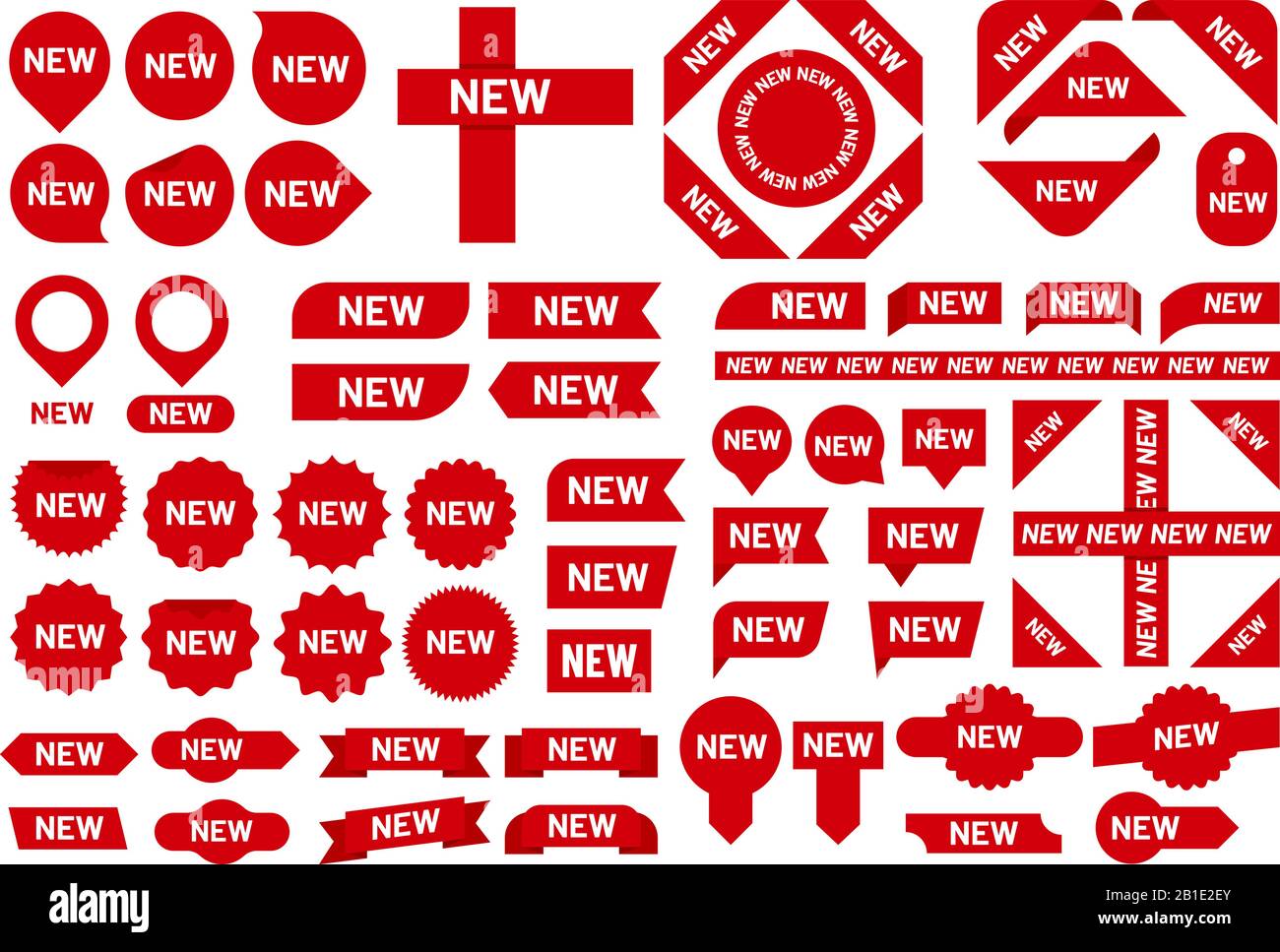 Nuovo logo adesivo. Nuovi arrivi vendita adesivi nastro, badge rossi e nuova bandiera segno vettore set Illustrazione Vettoriale