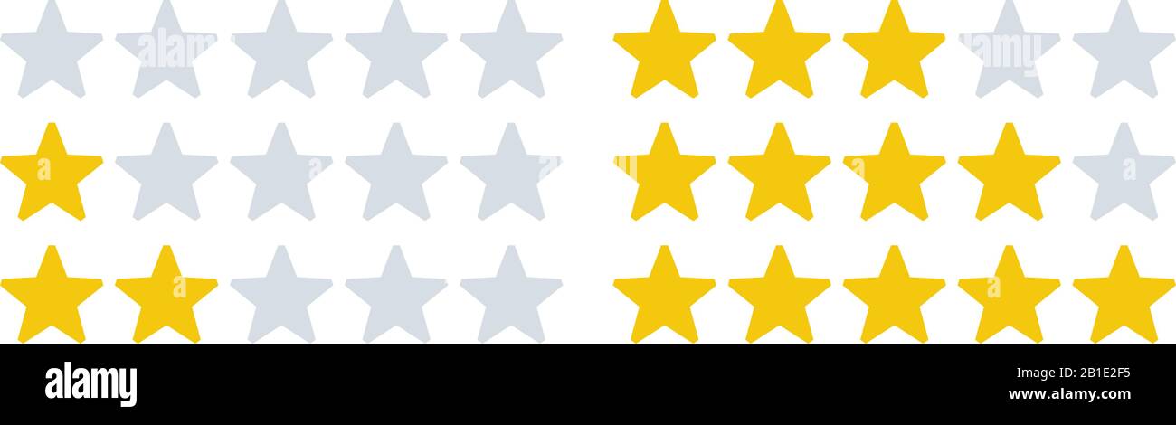 Icone delle stelle di valutazione. Tariffe STAR, valutazioni di feedback e revisione dei tassi. Set di illustrazioni vettoriali a cinque stelle Illustrazione Vettoriale