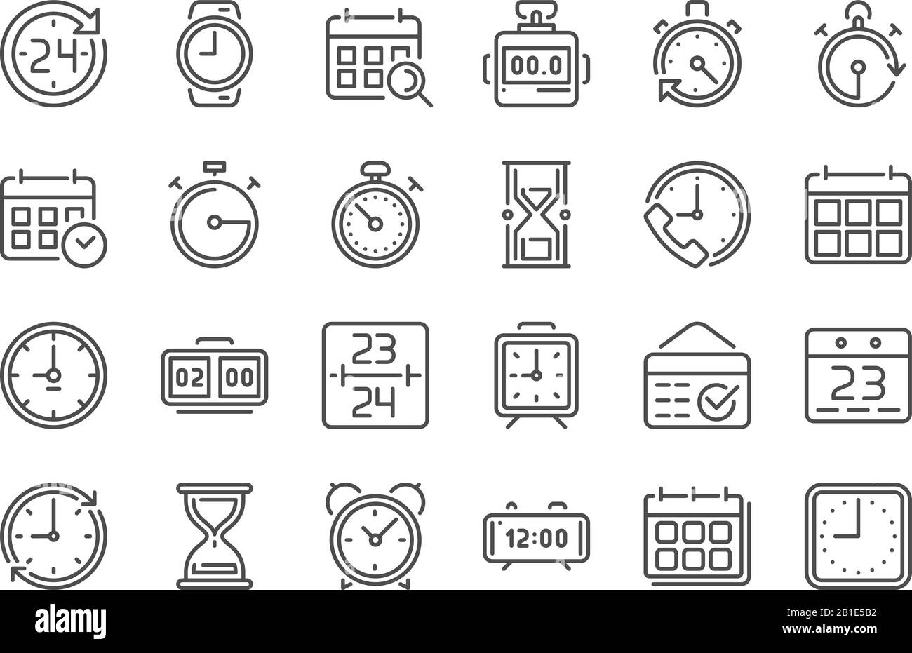 Icona dell'ora del contorno. Orologio, cronometro e icone timer. Impostazione di orologio, calendario e vettore dei segni della clessidra della linea Illustrazione Vettoriale