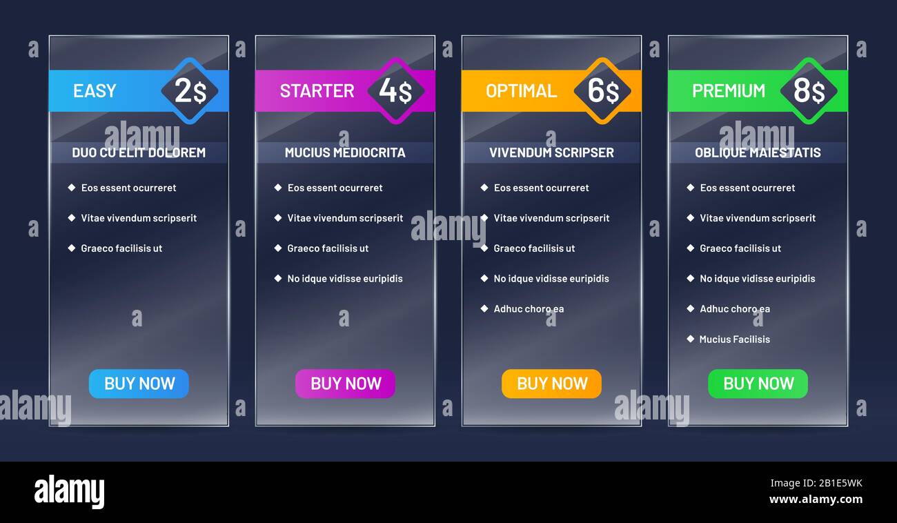 Confronto piani tariffari vetrosi. Tariffe listino prezzi, acquisto banner e sito web grafico prezzi vetro trasparente set vettore Illustrazione Vettoriale