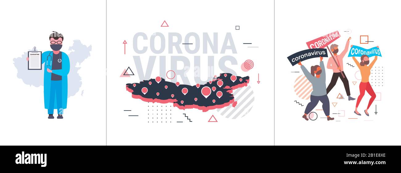 Impostare epidemia MERS-COV coronavirus infezione wuhan 2019-nCoV pandemia salute rischi concetti raccolta orizzontale a tutta lunghezza vettore illustrazione Illustrazione Vettoriale