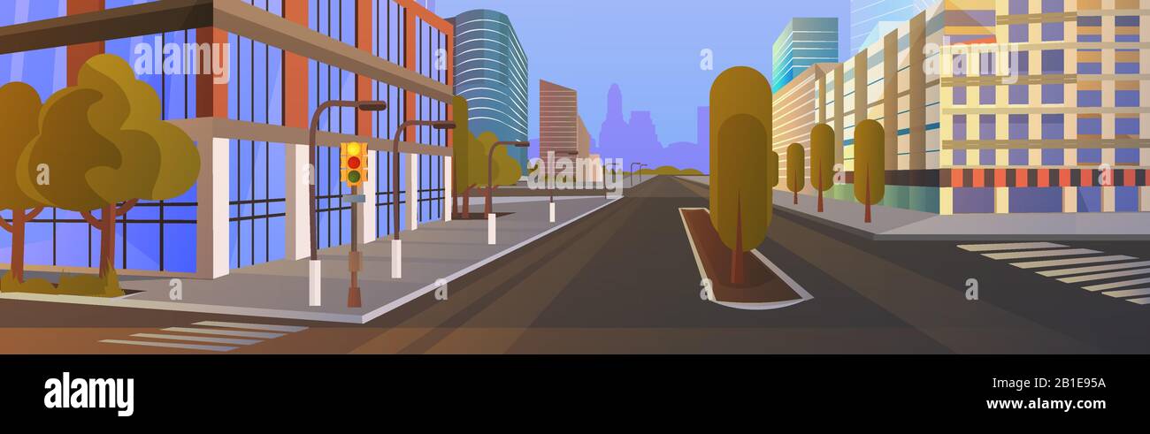 nessuna gente città edifici strada vista strada paesaggio urbano fondo vuoto centro piatto orizzontale vettore illustrazione Illustrazione Vettoriale