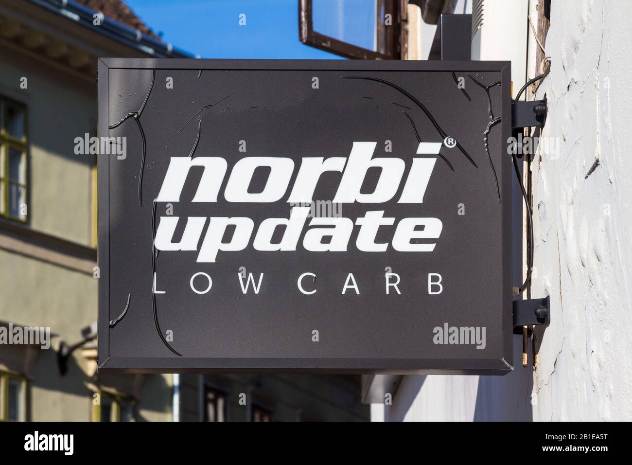 Norbi Update Lowcarb Shop Sign, Sopron, Ungheria Foto Stock
